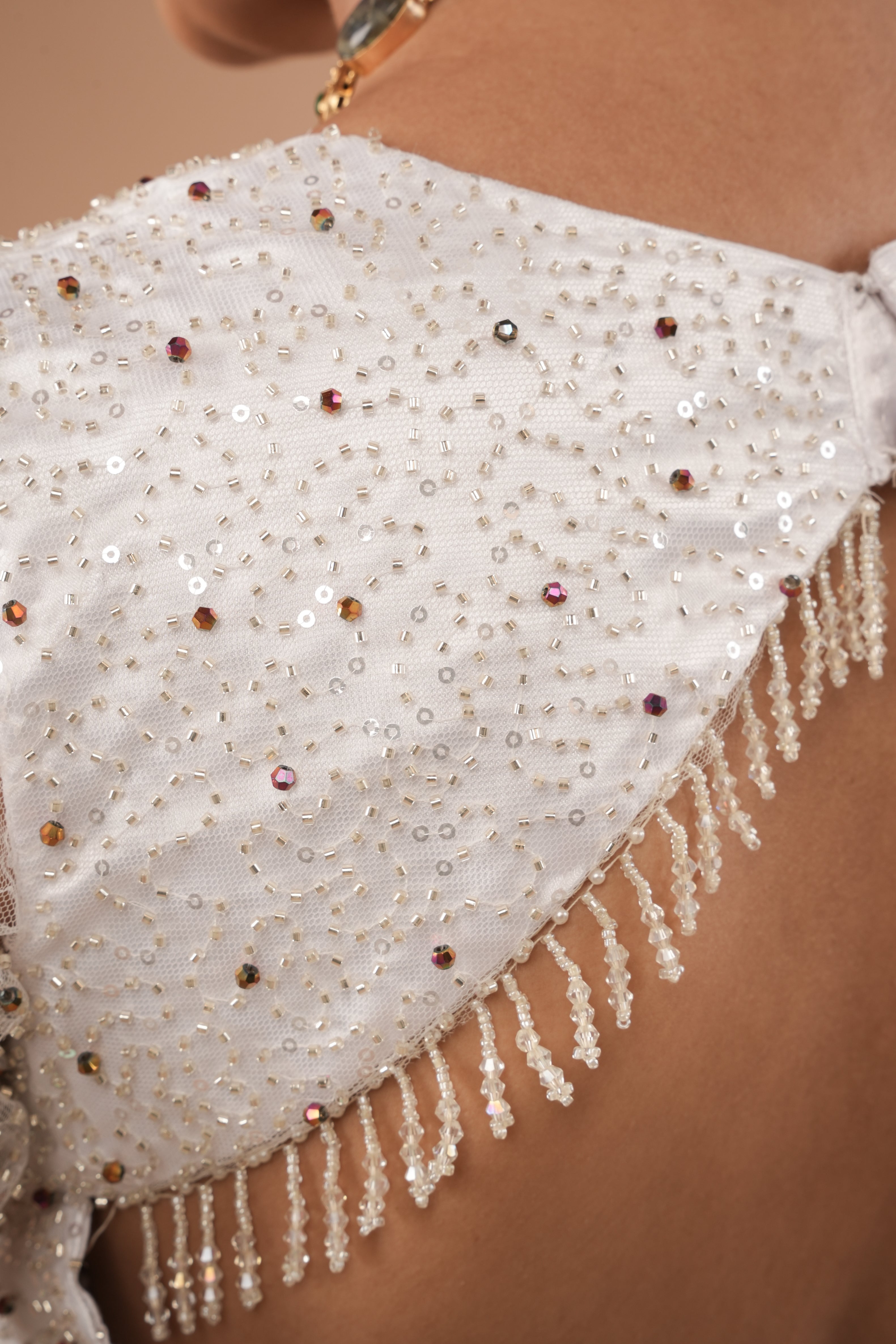 White Blouse with Beaded Detailing and Sheer Sleeves, Customizable, Made to Order