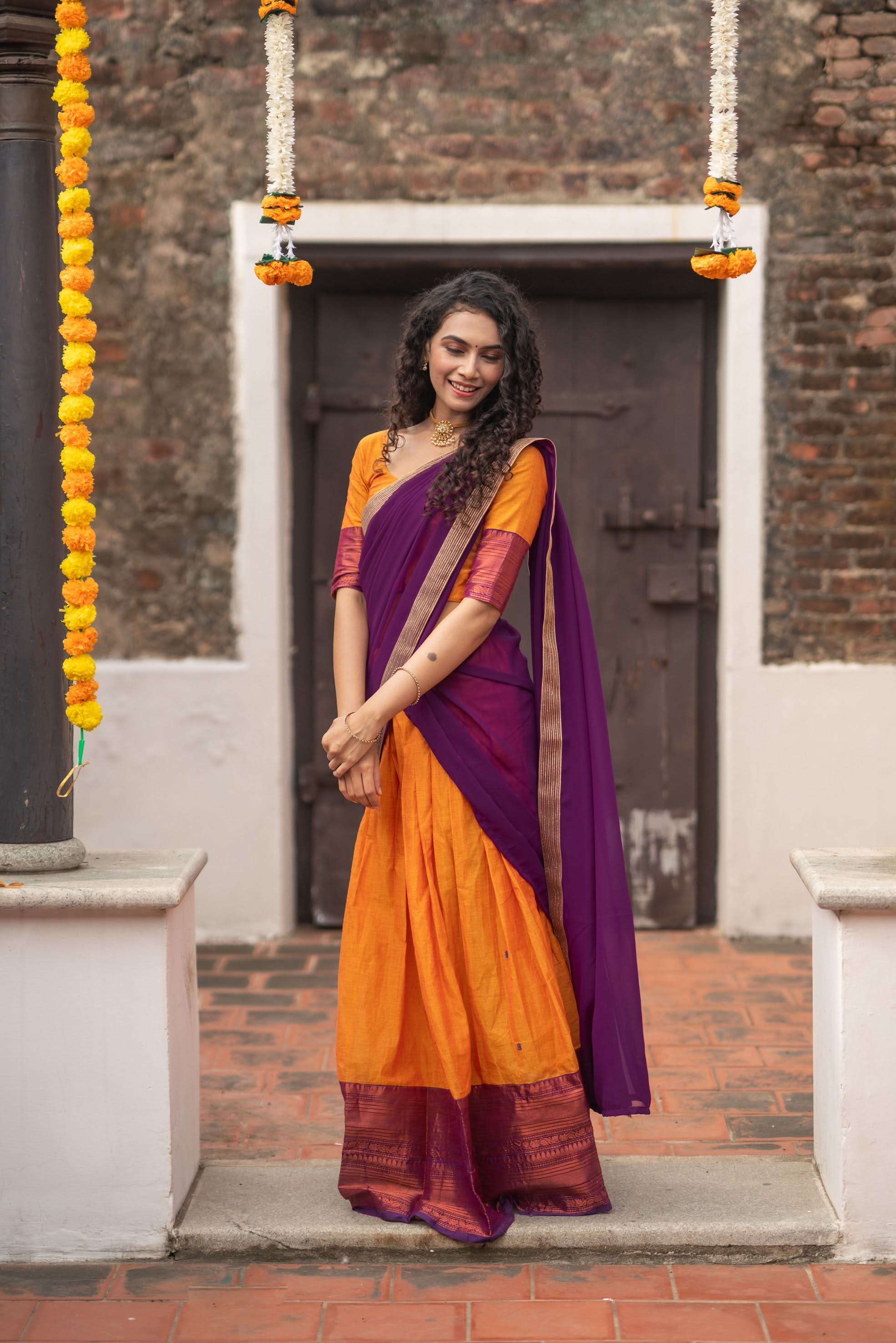 Orange with Violet Handloom Halfsaree with Georgette Dupatta  | Made To Order