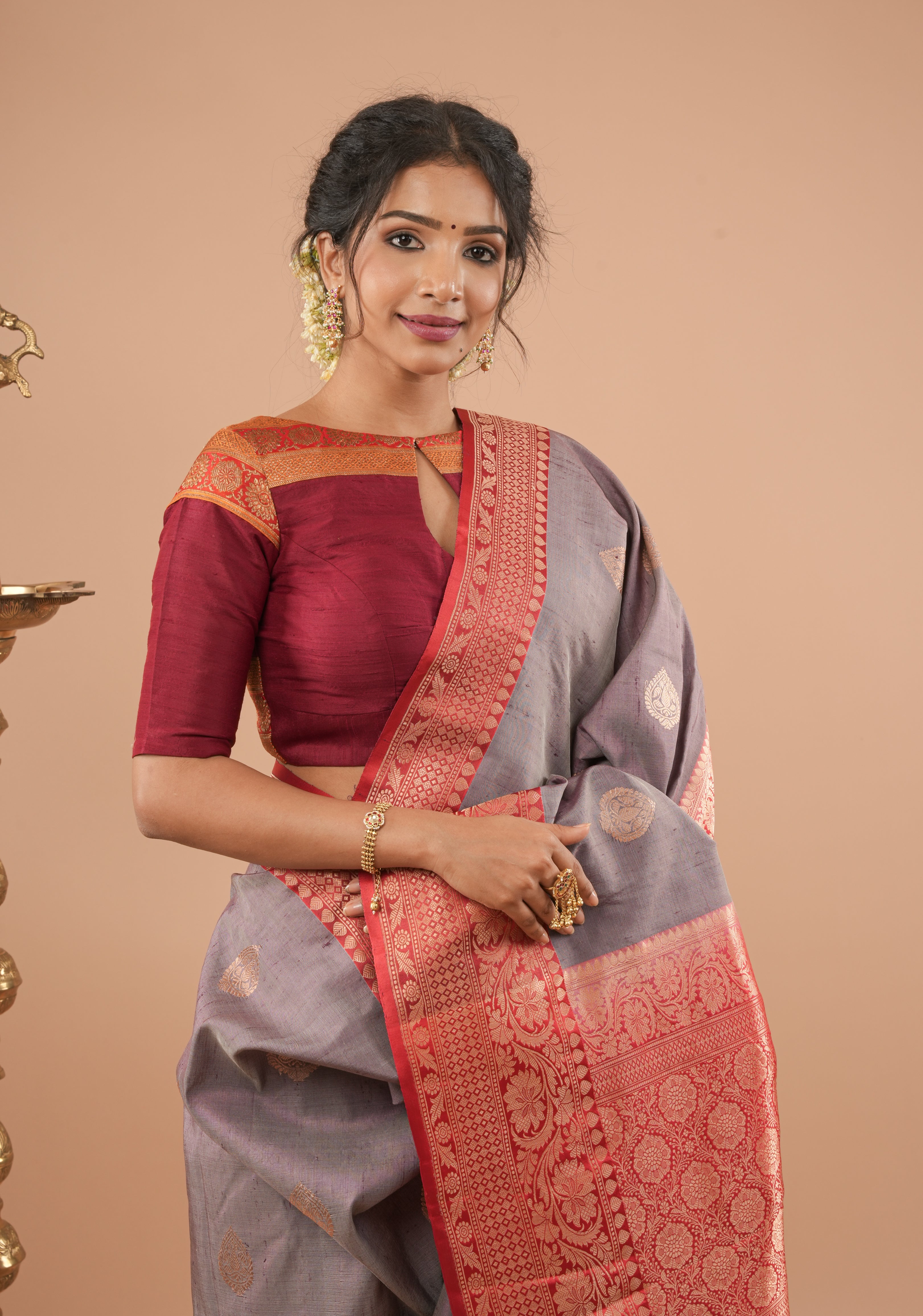 Maroon Pure Raw Silk Blouse With Antique Tone Zari Panel, Customizable, Made to Order