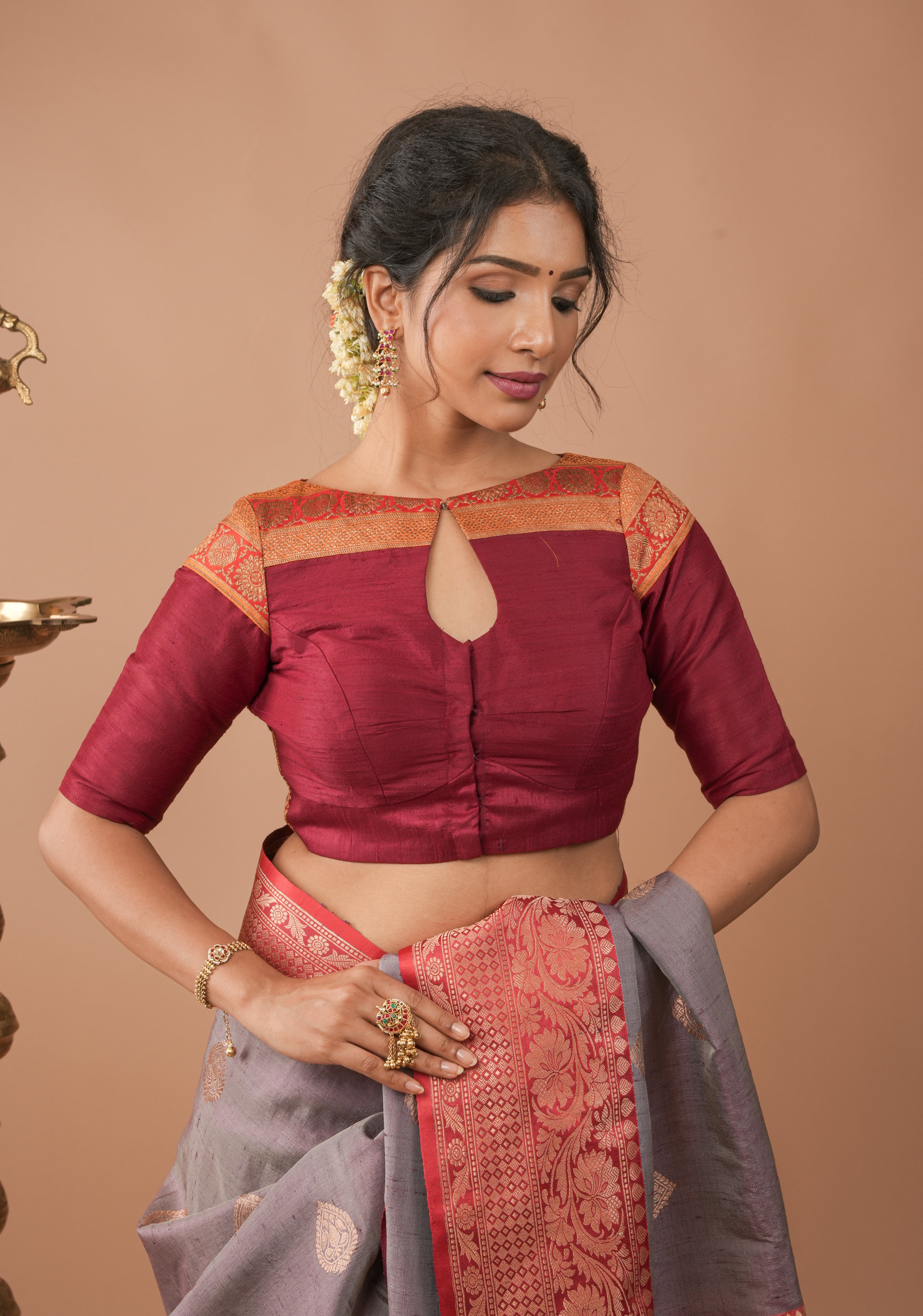 Maroon Pure Raw Silk Blouse With Antique Tone Zari Panel, Customizable, Made to Order