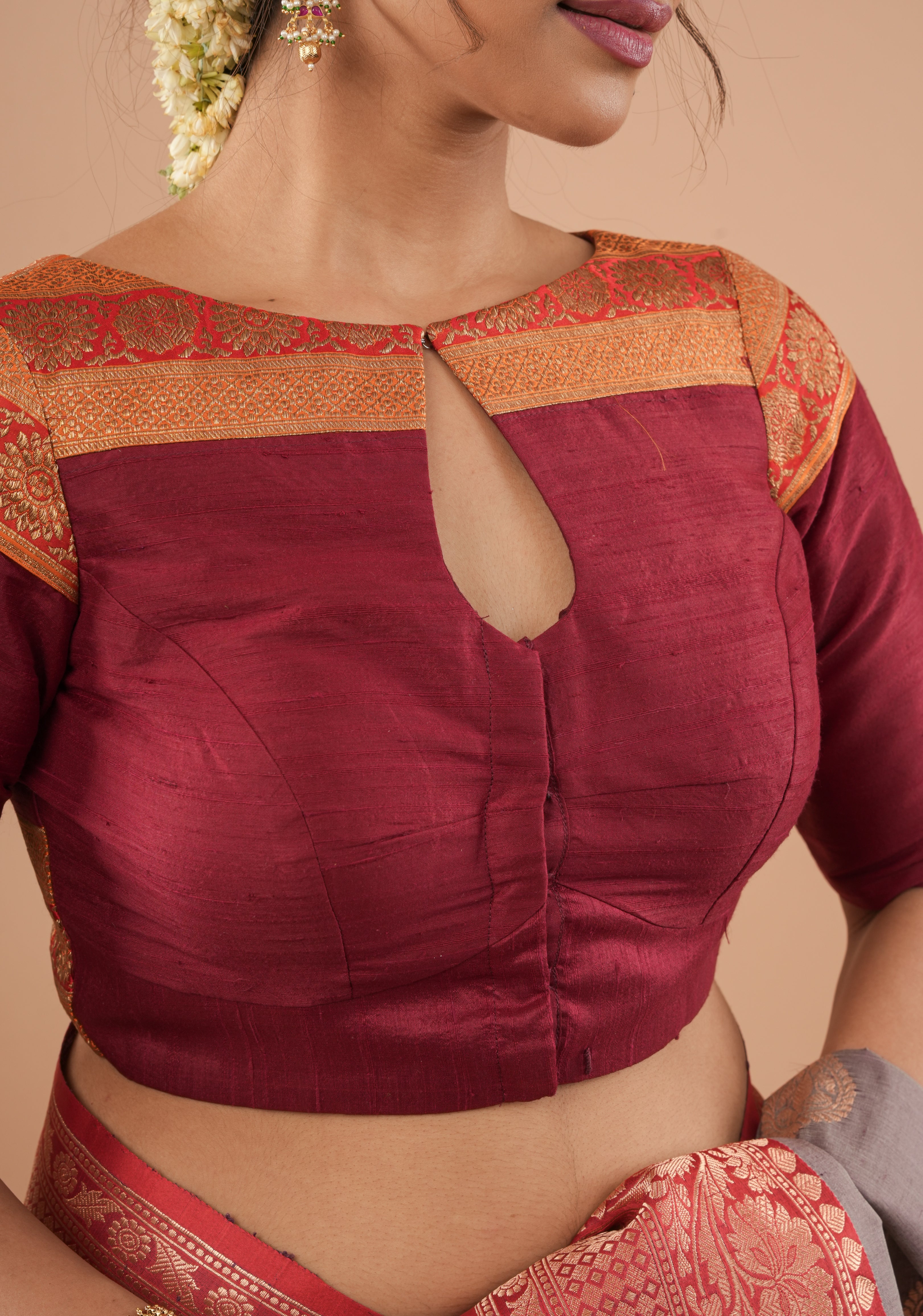 Maroon Pure Raw Silk Blouse With Antique Tone Zari Panel, Customizable, Made to Order