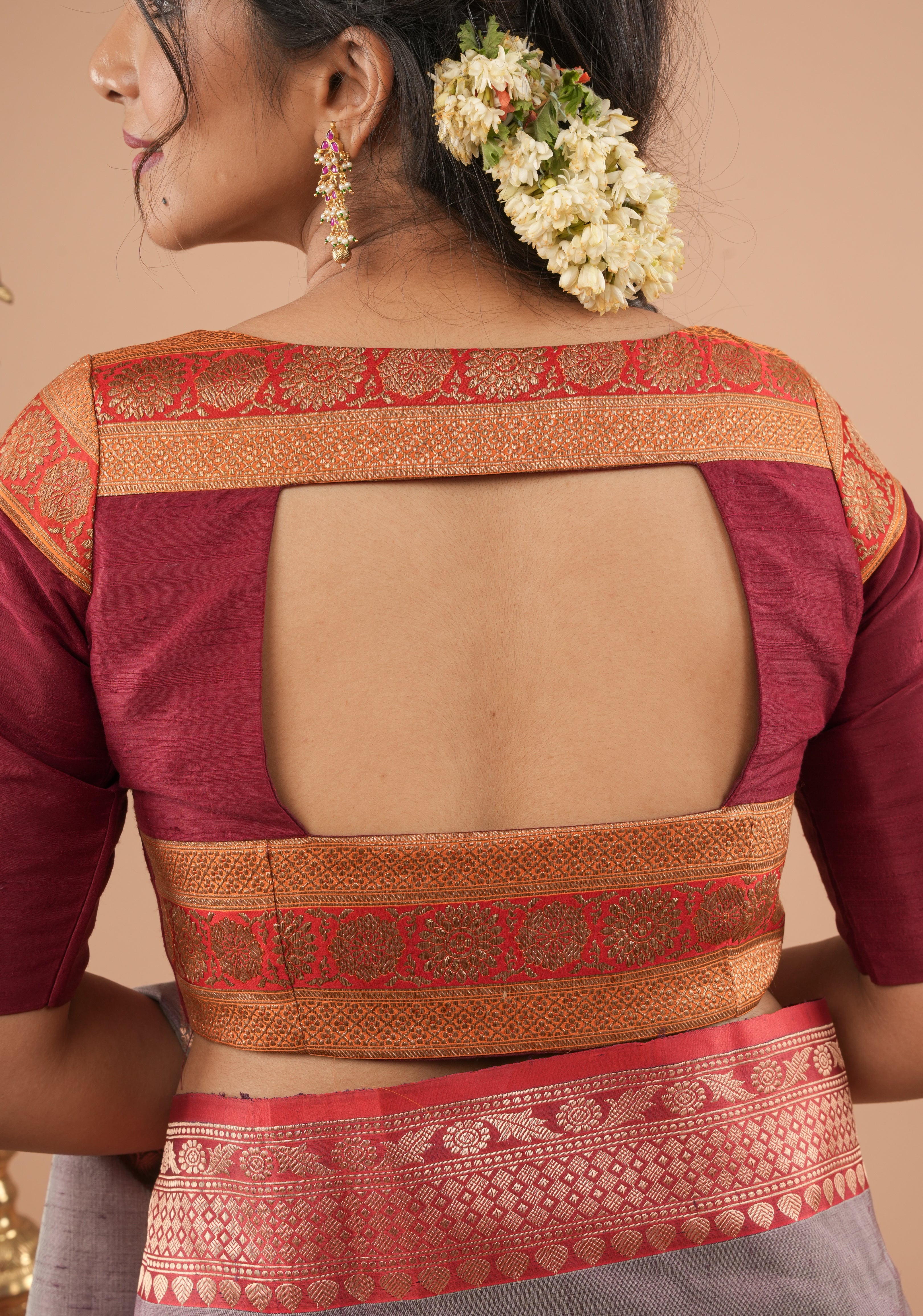 Maroon Pure Raw Silk Blouse With Antique Tone Zari Panel, Customizable, Made to Order