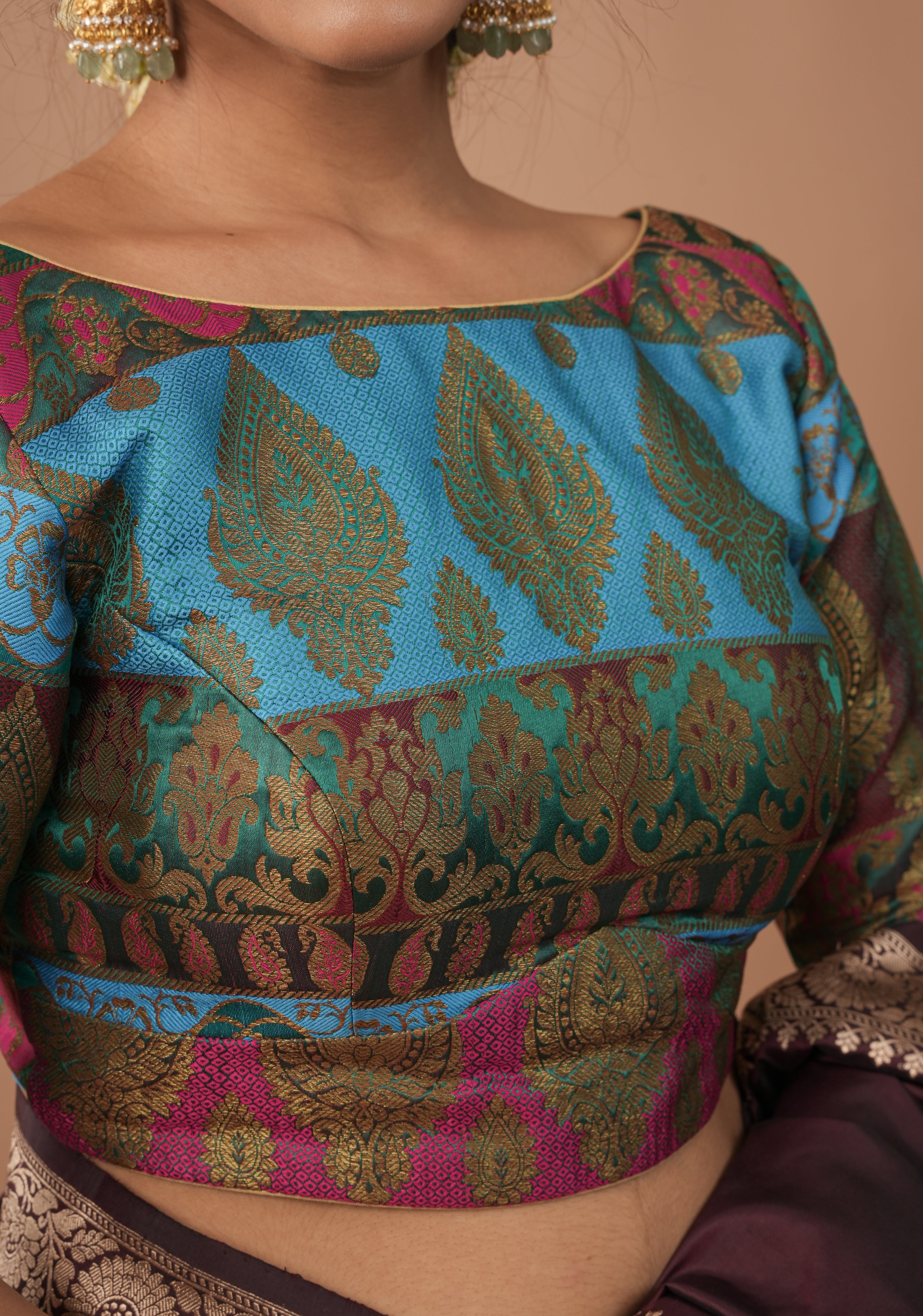 Banarasi multicolor Boat Neck Antique zari brocade Blouse | Made To Order