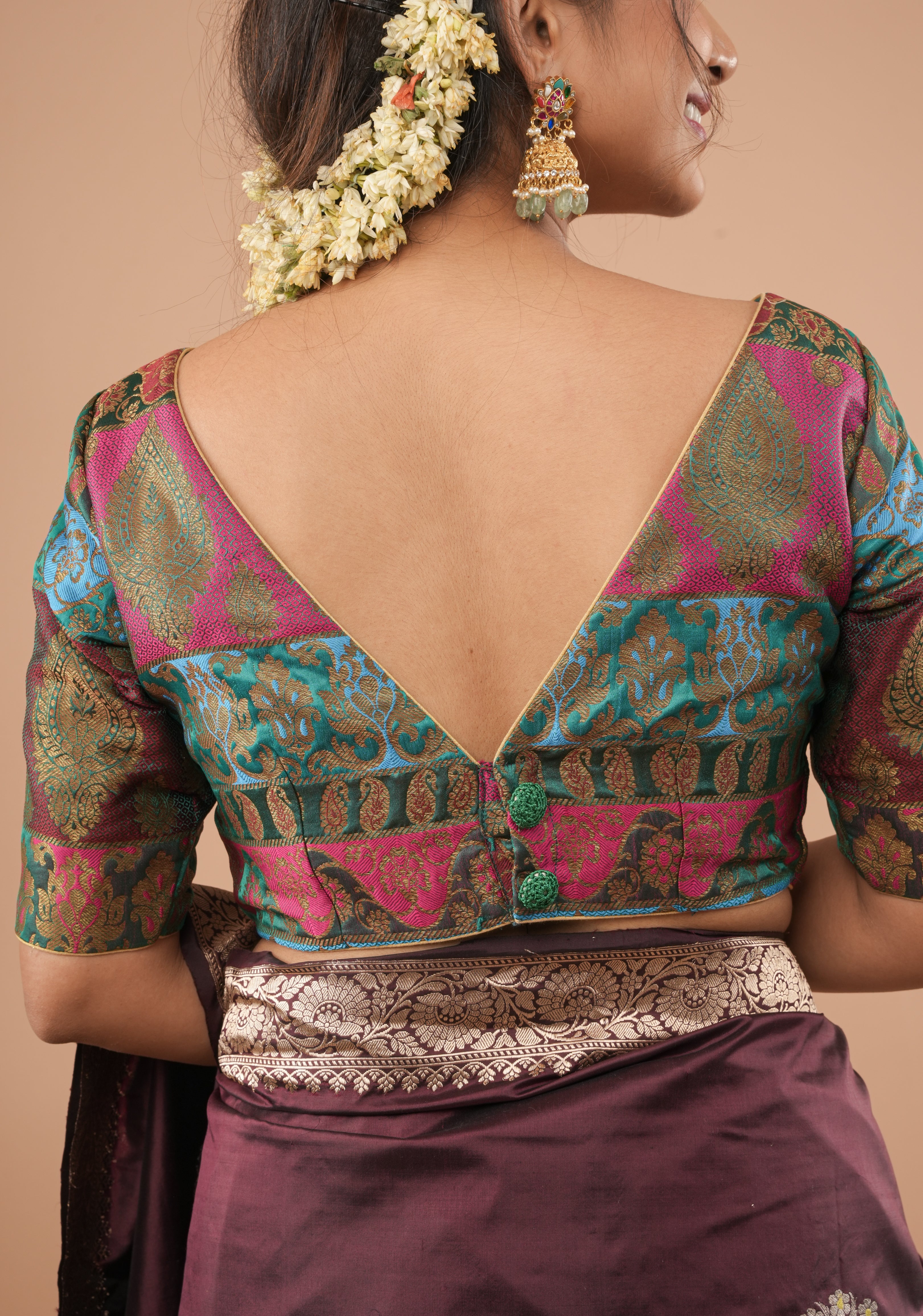 Banarasi multicolor Boat Neck Antique zari brocade Blouse | Made To Order
