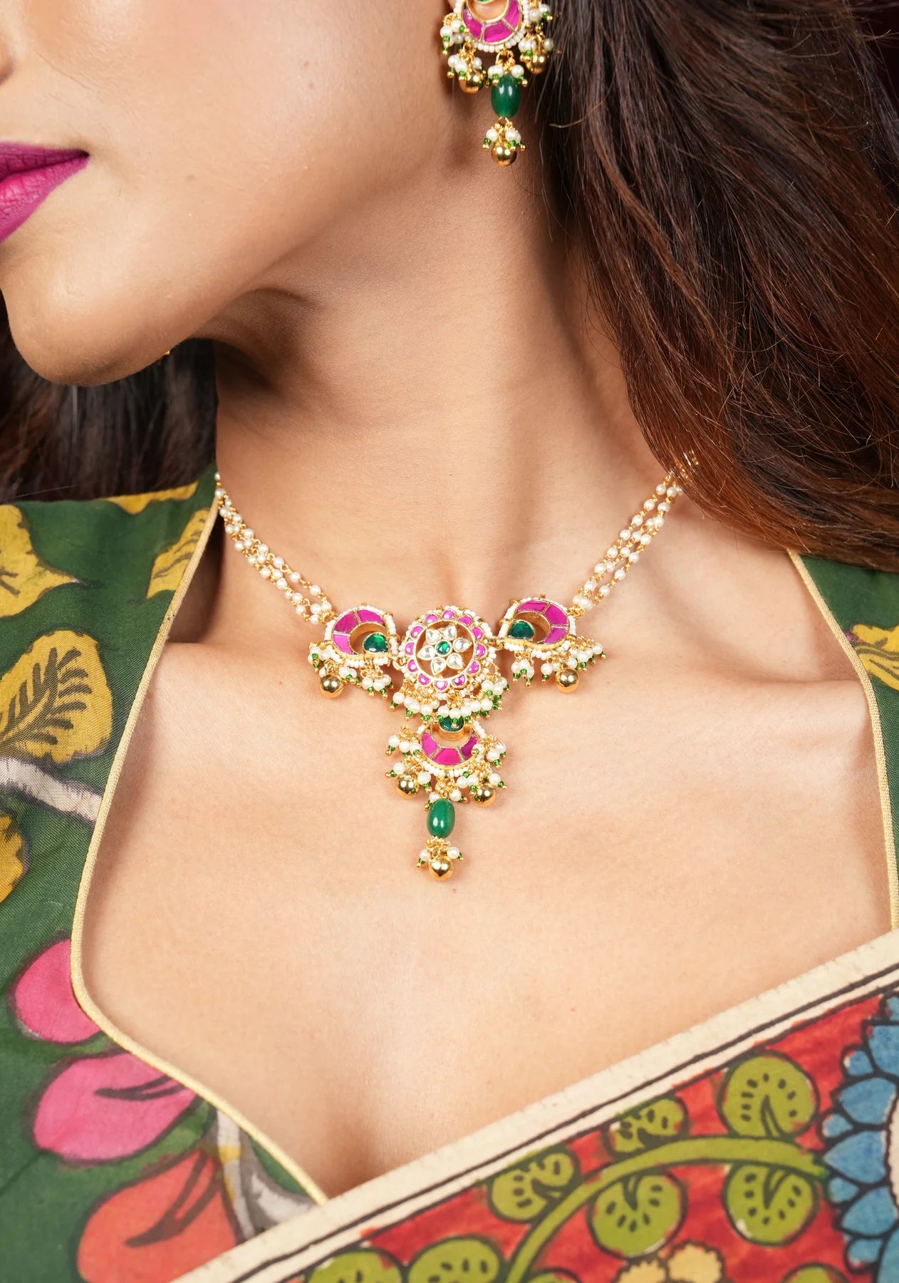 Multicolor Stones Contemporary Choker Set with Jhumka Earrings