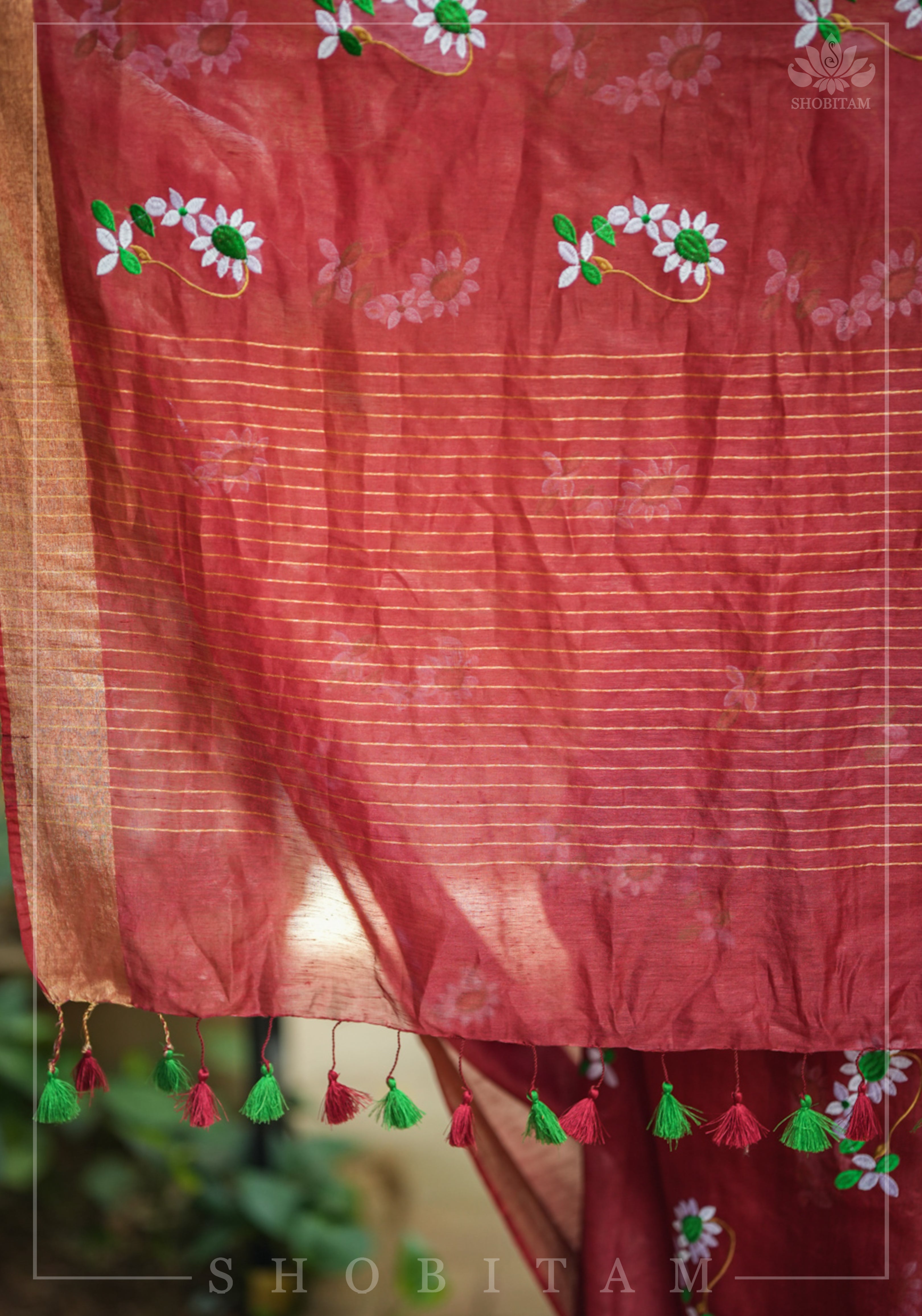 Moti Nath Embroidery on Silk Linen in Brick Red
