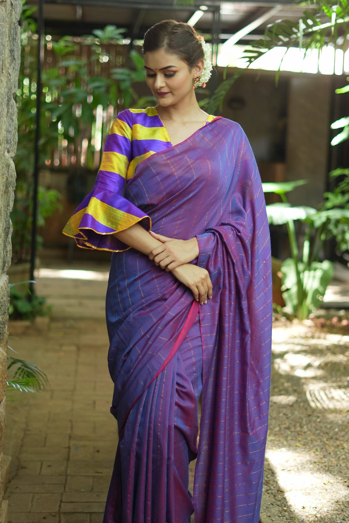 Reversible Maheshwari Saree in Mercerised Cotton with Extra Long tassles in Purple, no blouse Piece