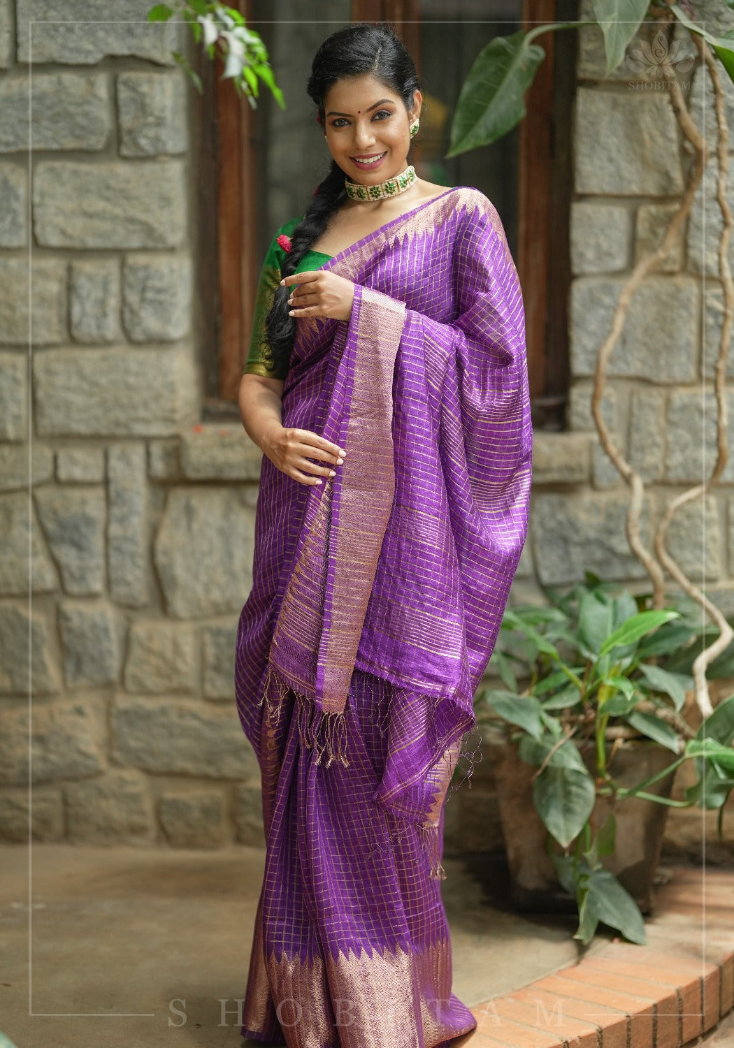 Matka Silk Saree in Purple with Zari Checks and Wide Zari Temple Border | SILK MARK CERTIFIED