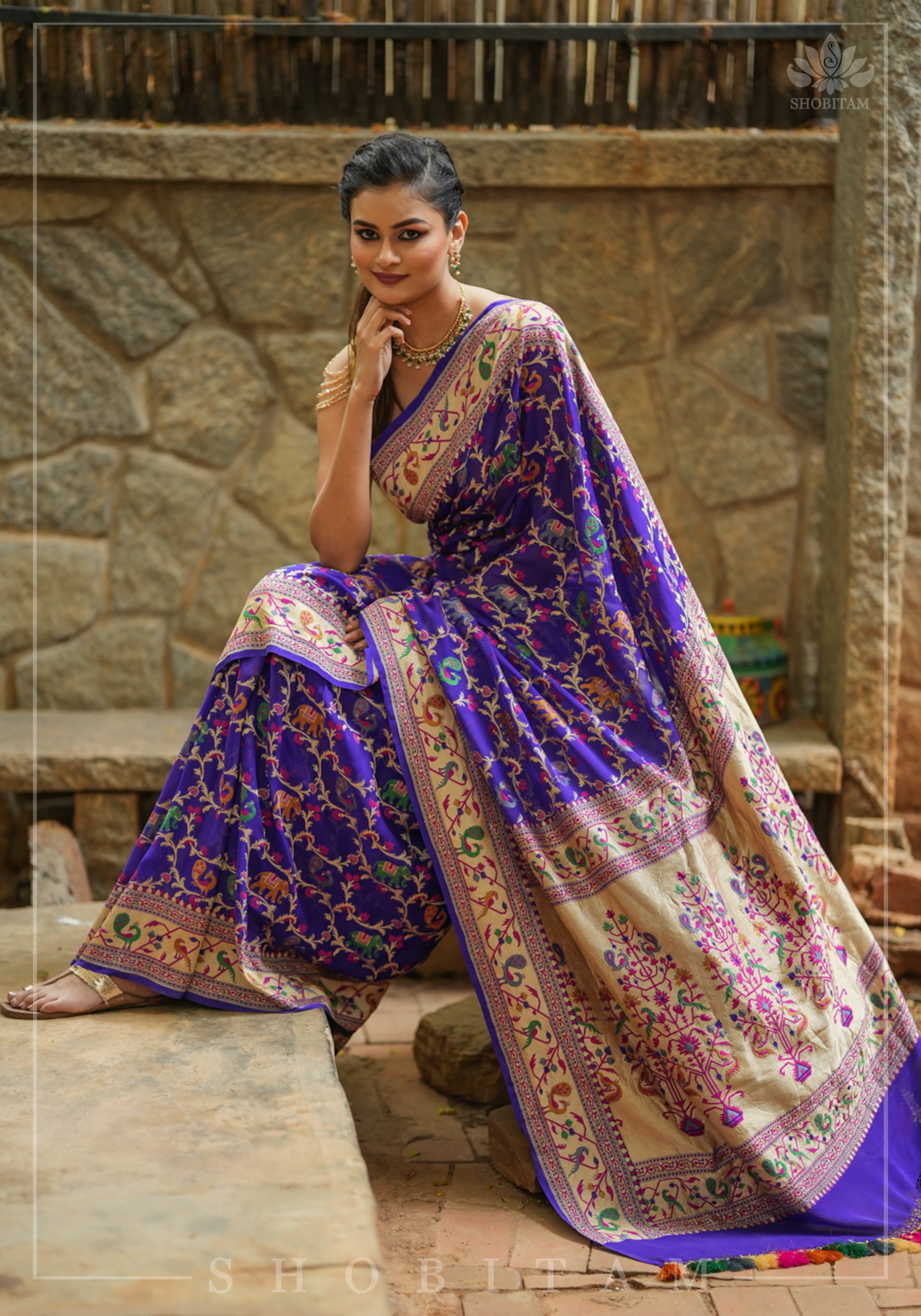 Purple Georgette Banarasi Silk Saree with Meenakari Shikkaargah Jaal | Silk Mark Certified