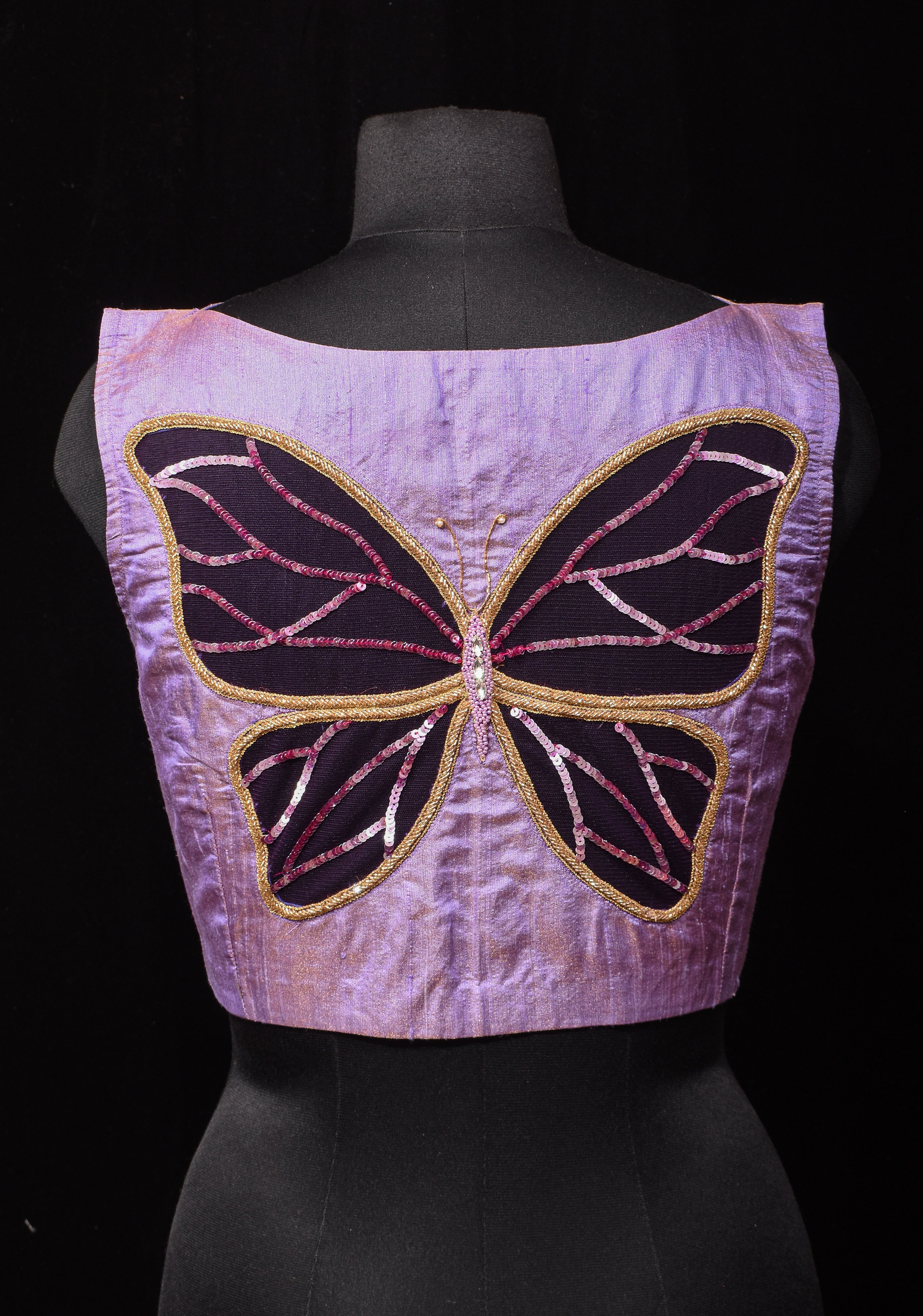 Lavender Pure Tissue Raw Silk blouse with Butterfly Cutout tone on tone embellishments, customizable, made to order