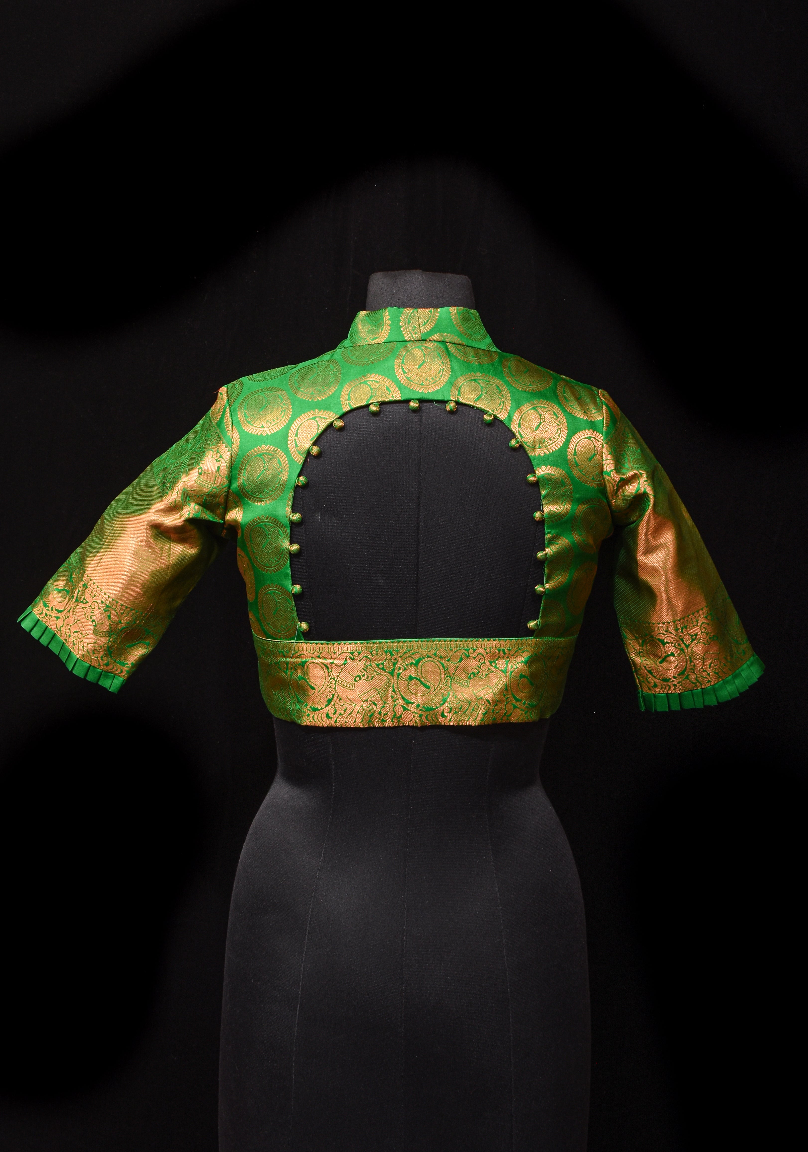 Leaf Green Pure Silk Kanjivaram Brocade Blouse with rising sun cutout and Potli Button detailing,  Made to Order, Customization