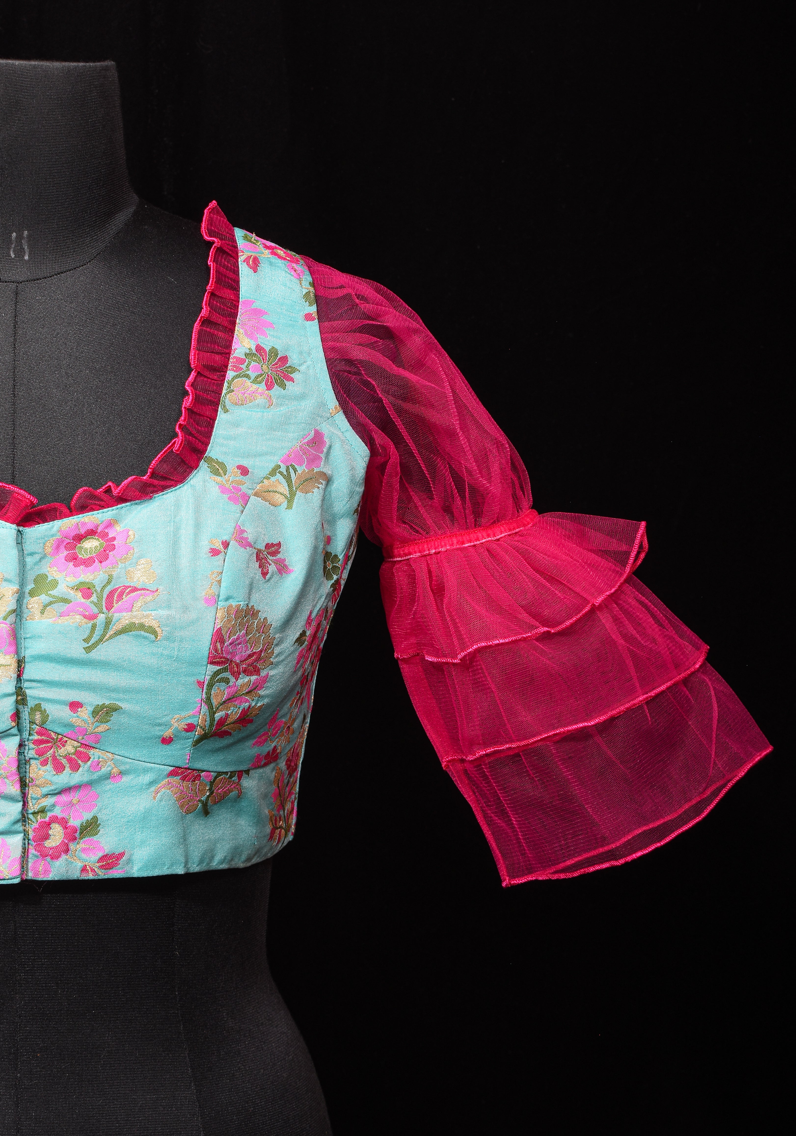 Mint Green Banarasi Meenakari Blouse with Fuchsia Net layered Puff Sleeves,customizable, made-to-order