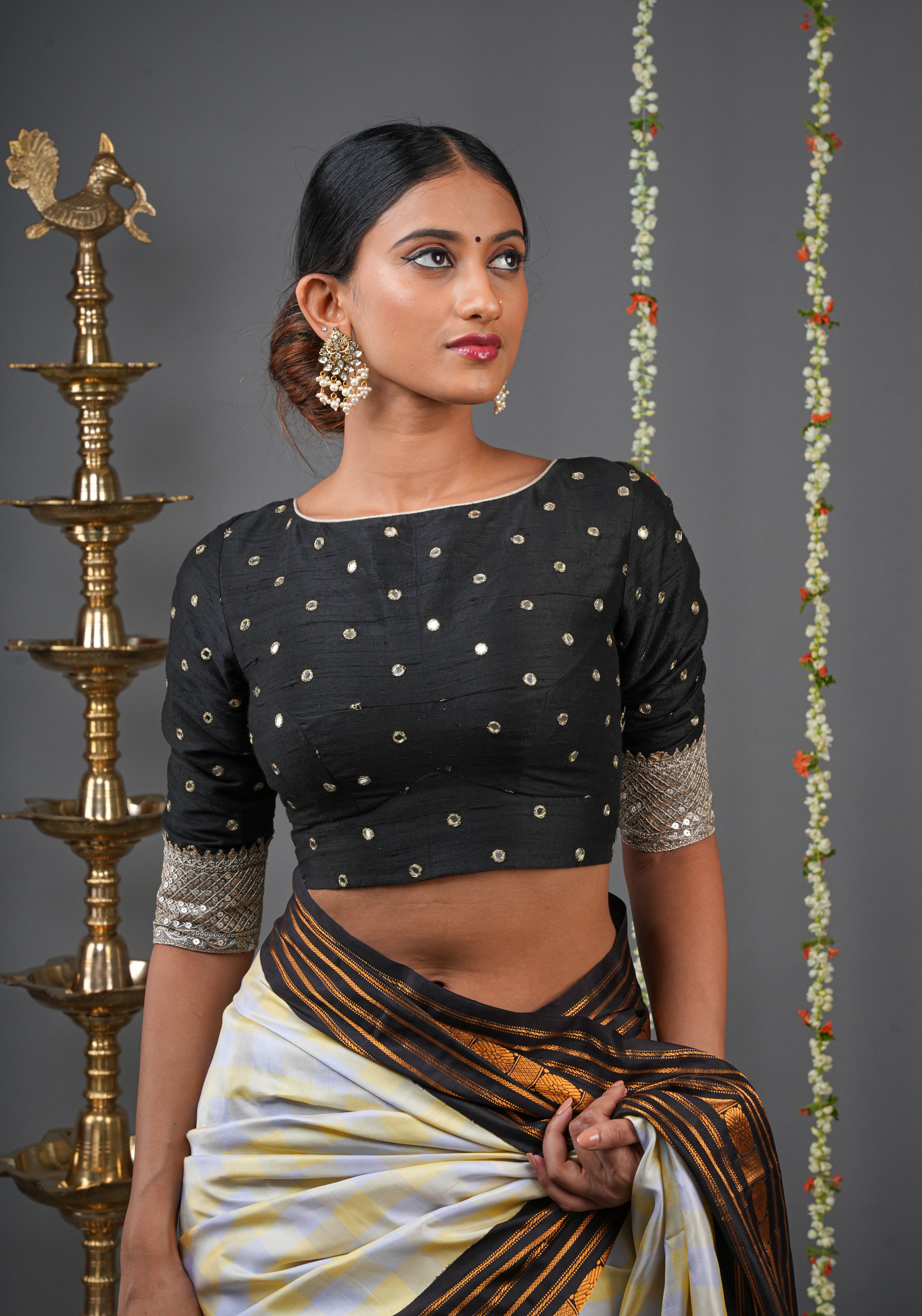 Black Pure raw silk blouse with mirror work,backless design with gotta trim. Made to Order