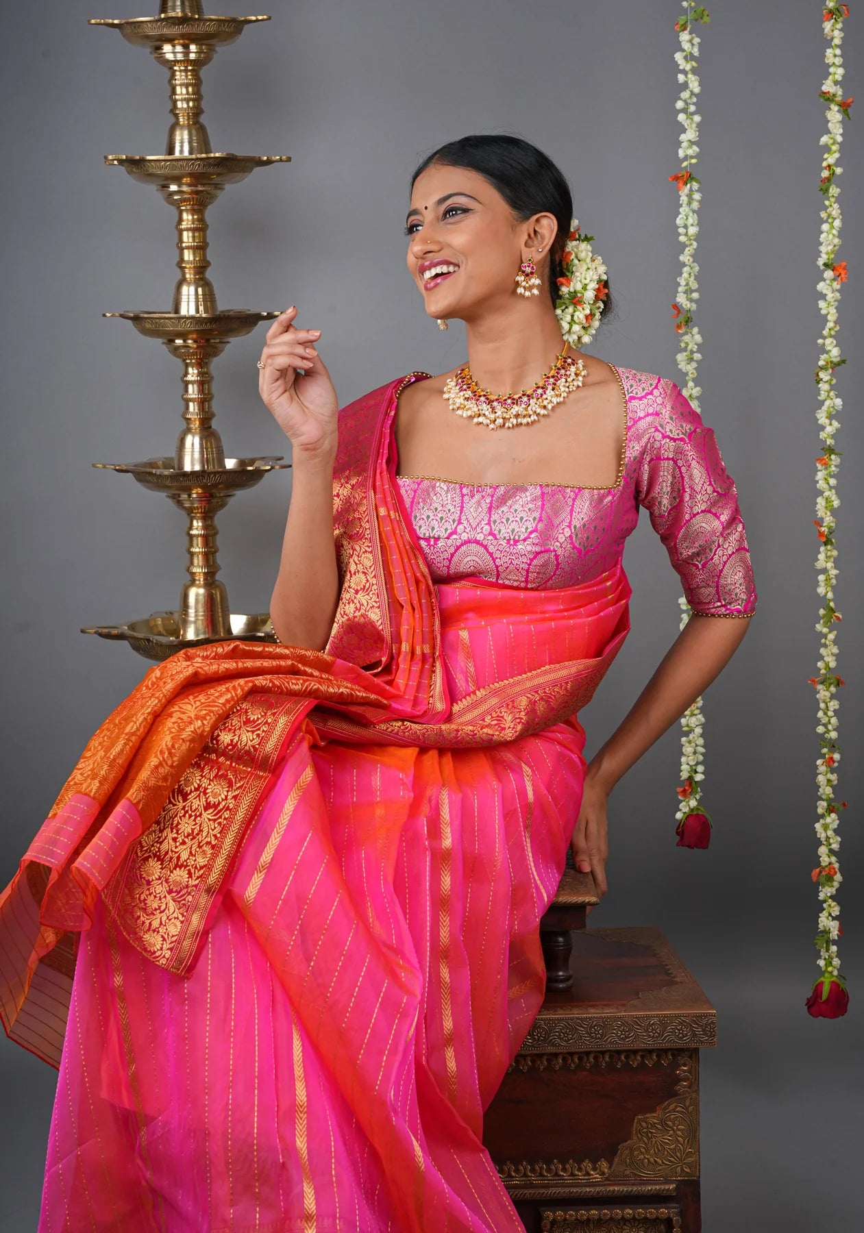 Stunning Striped Chanderi Silk Saree in Pink Dual Tone