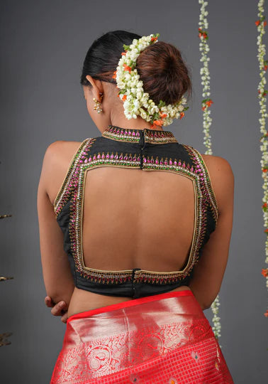Statement Black Halter Neck Pure Raw Silk Blouse with Kemp Handwork Mandala, Made to Order