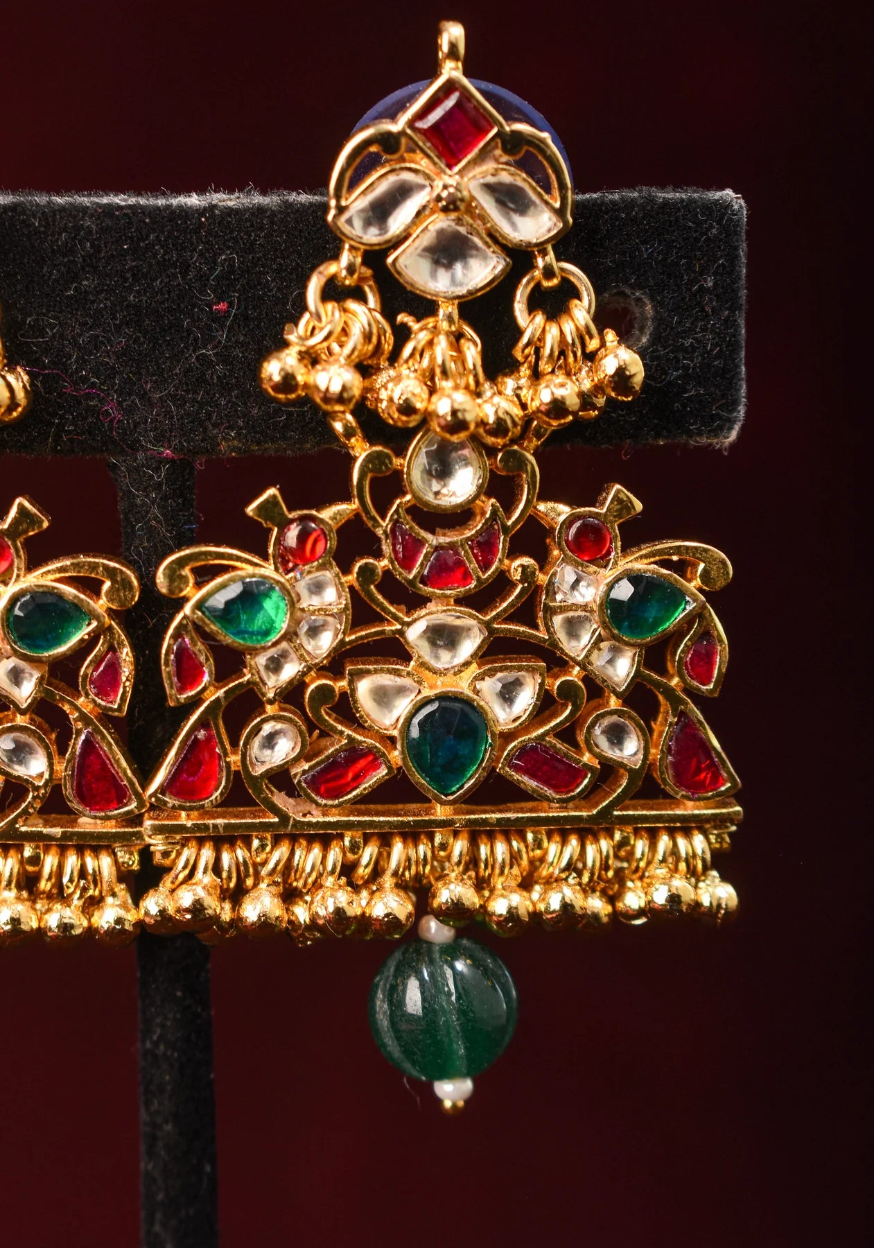 Ahmedabadi Kundan Birds design jadau Earrings with single green dangling beads