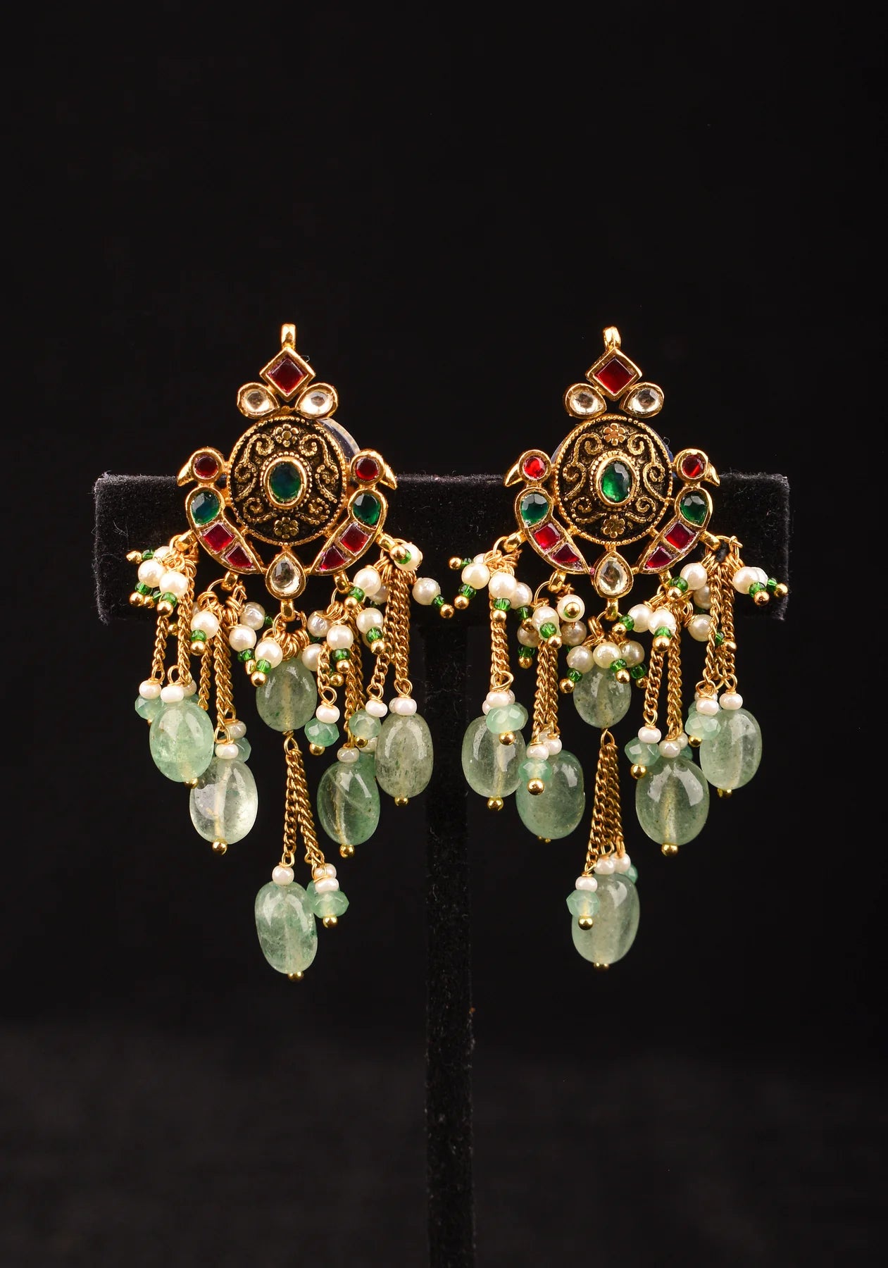Ahmedabadi Kundan Stone Twin Peacock with long chain dangling Earrings