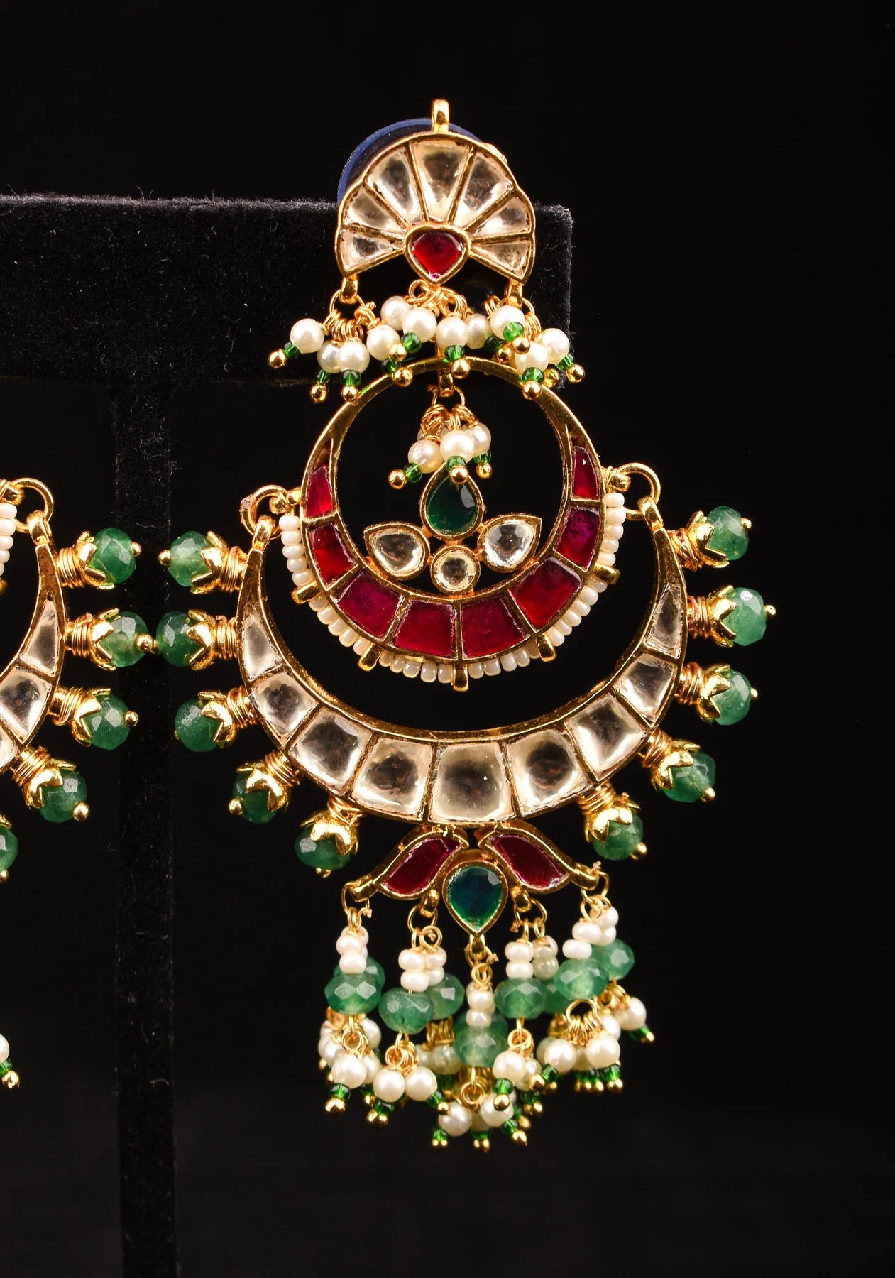 Chandbali Earrings with Red, White and Green Stones embedded in Jadau technique and dangling beads