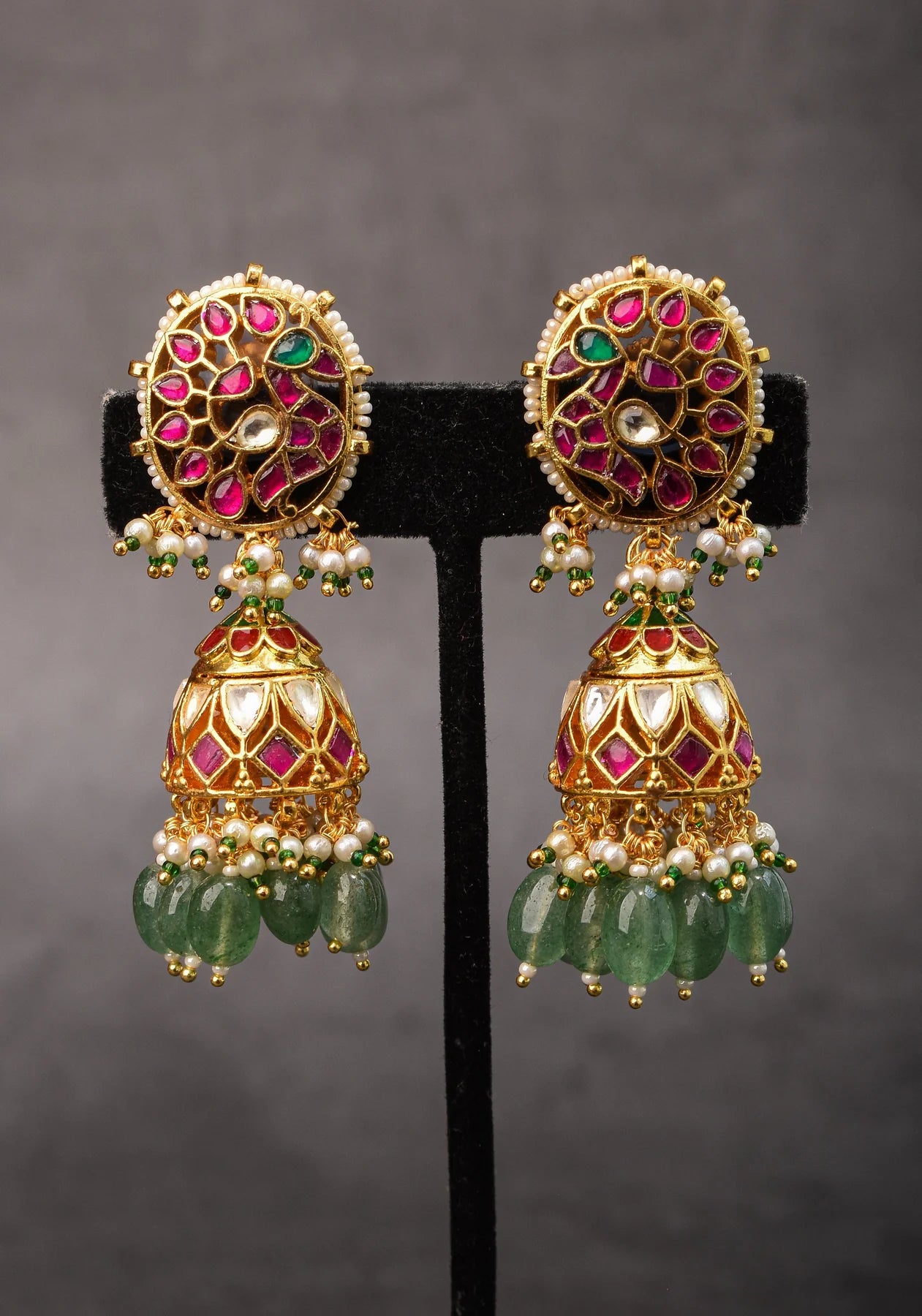 Kemp Stone Jhumka earrings with dangling pearls