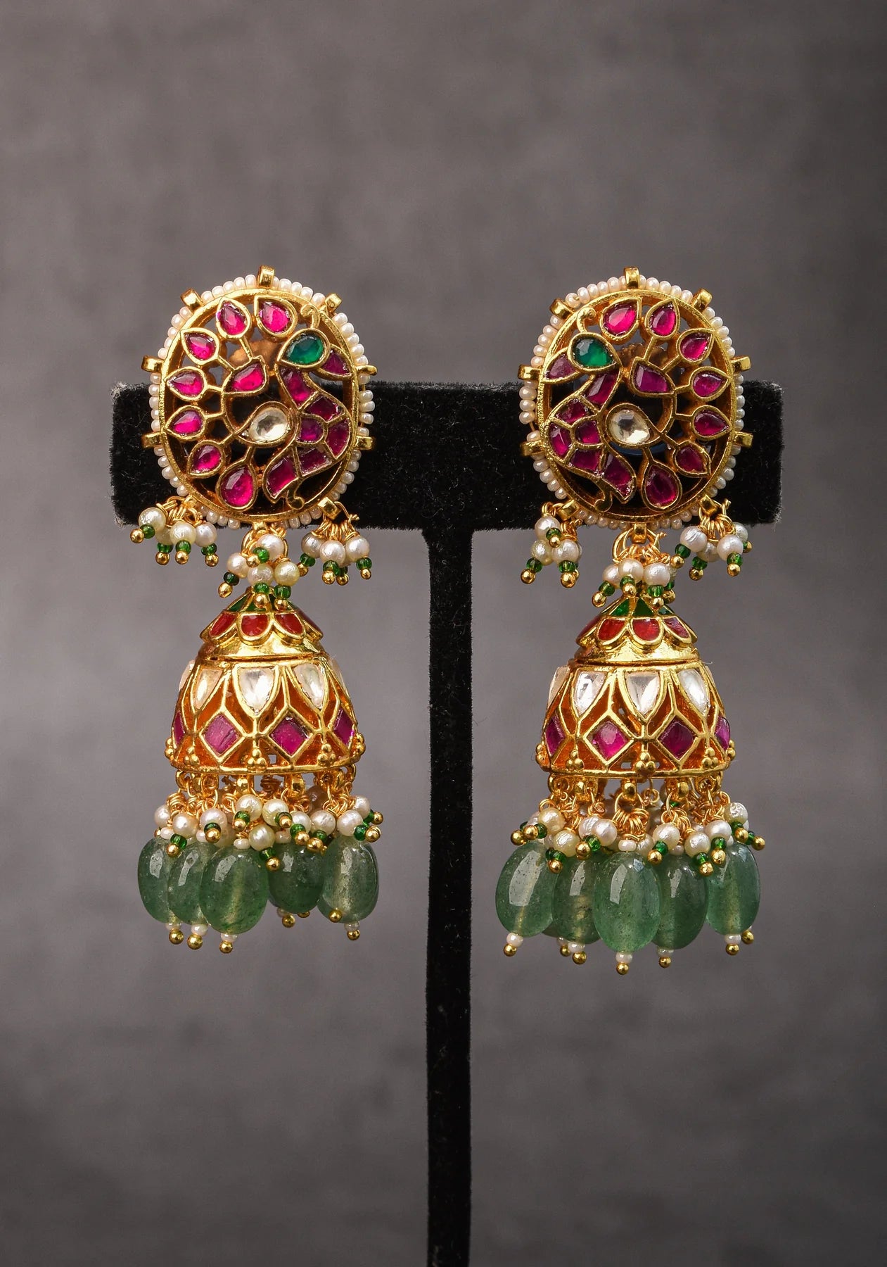 Kemp Stone Jhumka earrings with dangling pearls