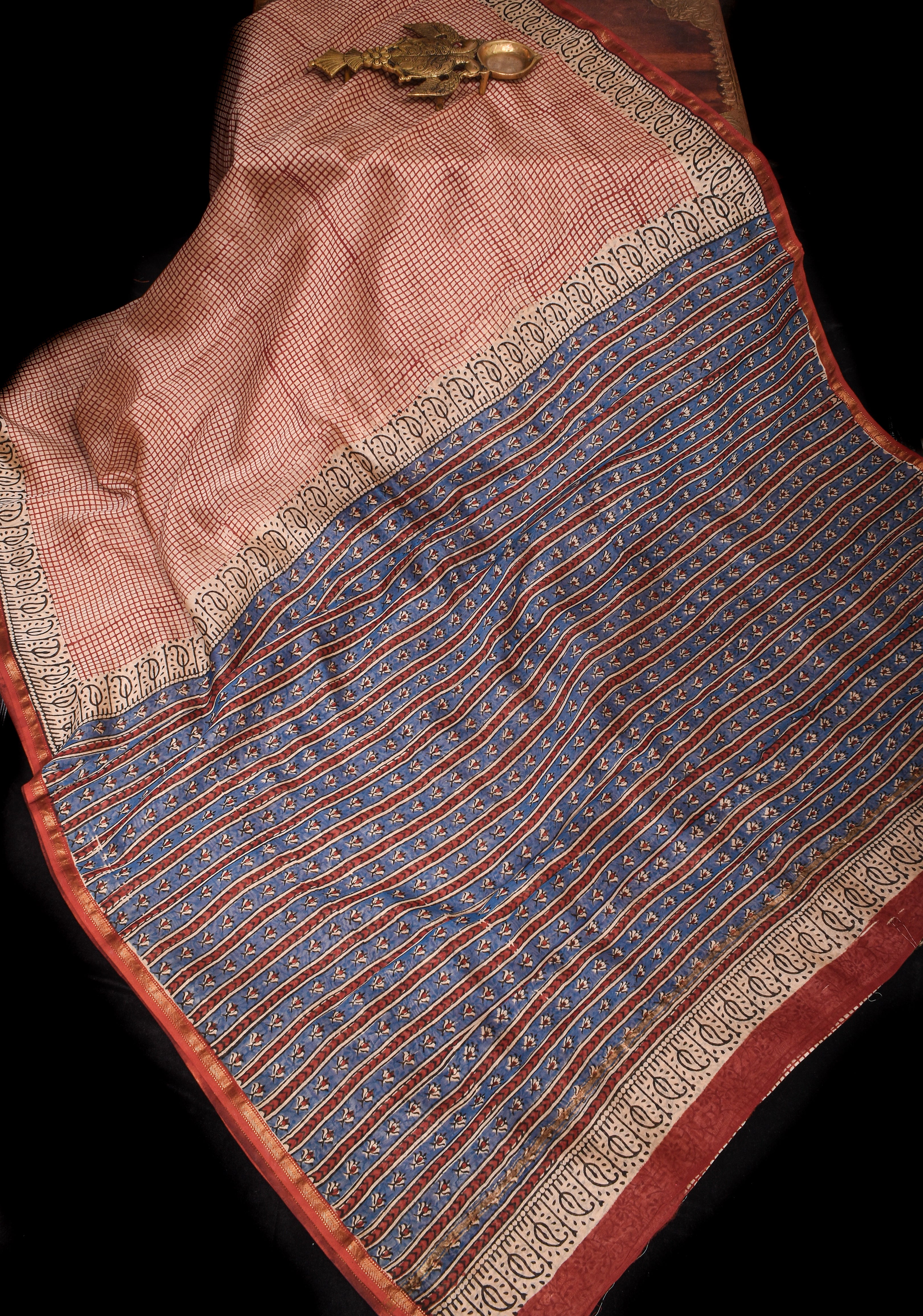 Vintage Checks - Bagru hand Block Print on Chanderi Silk Cotton Saree
