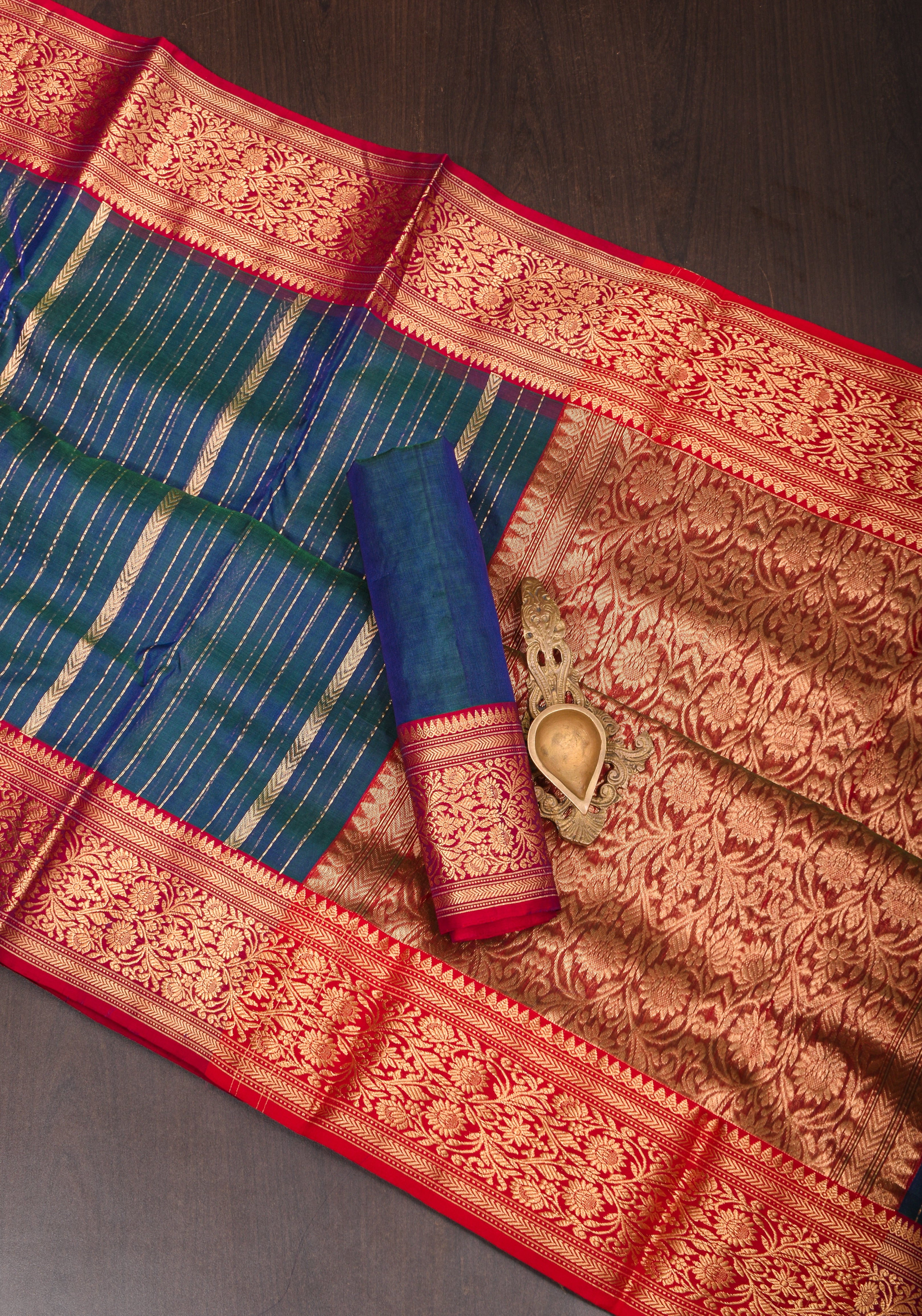 Stunning Striped Peacock Green and blue dual tone Chanderi Silk Saree with Contrast Red Border