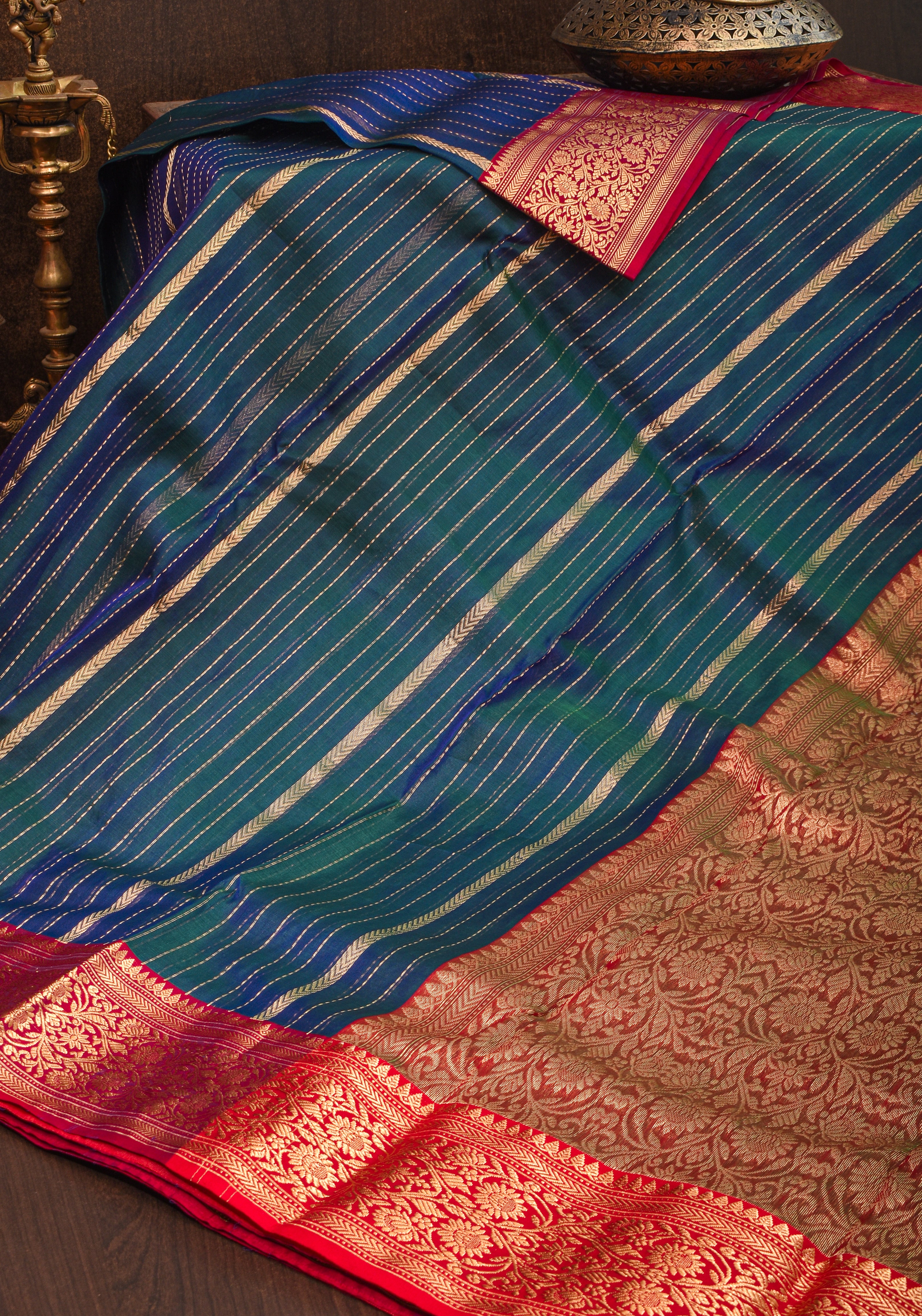Stunning Striped Peacock Green and blue dual tone Chanderi Silk Saree with Contrast Red Border