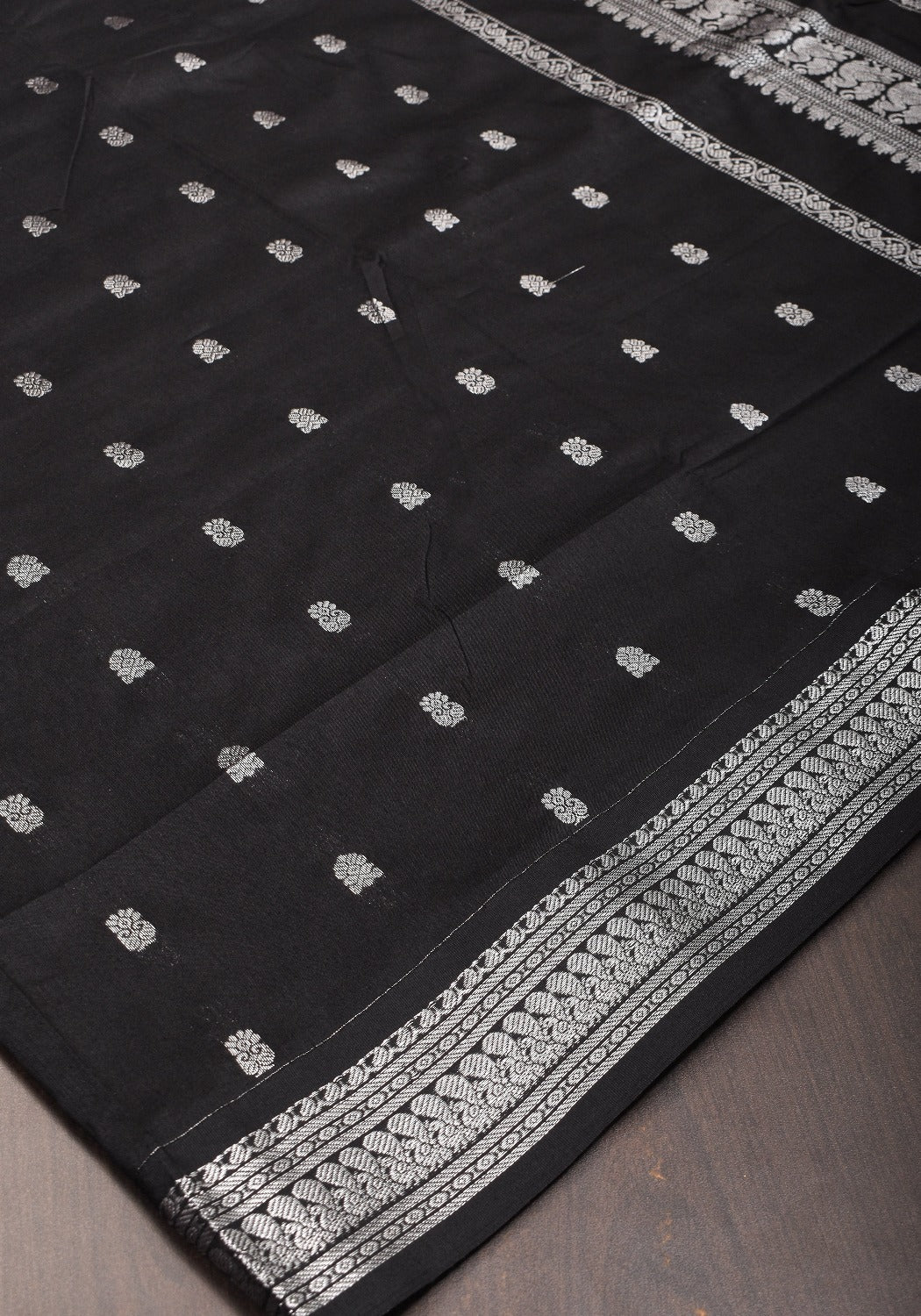 Cotton Silk Saree in Black with Silver borders