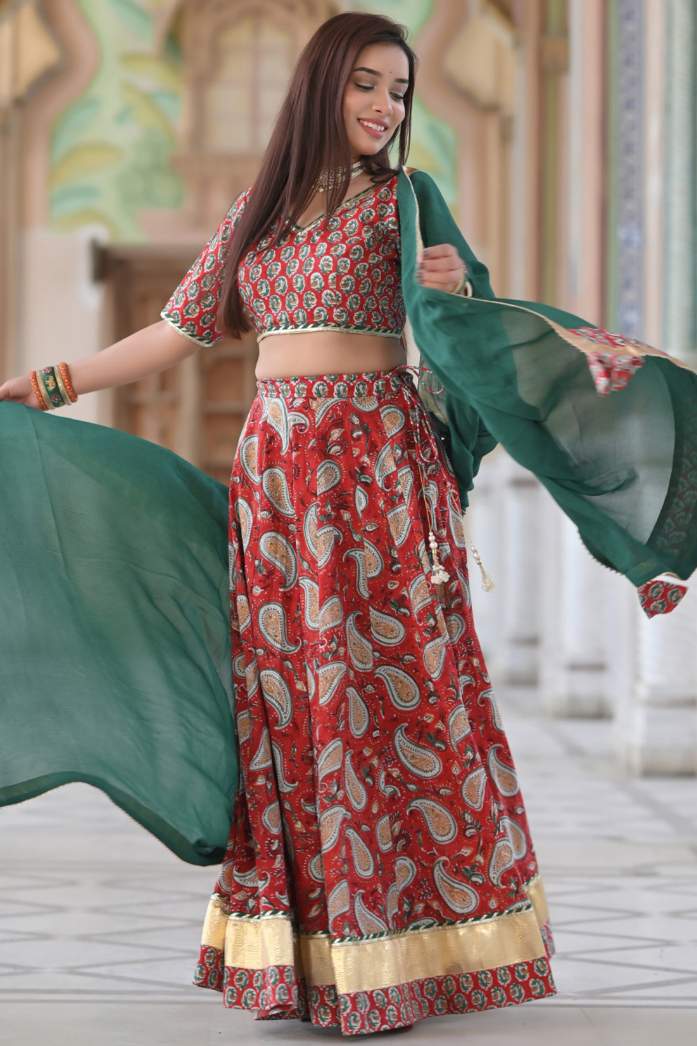 Red Paisley Lehenga handcrafted with hand block print cotton | Made To Order