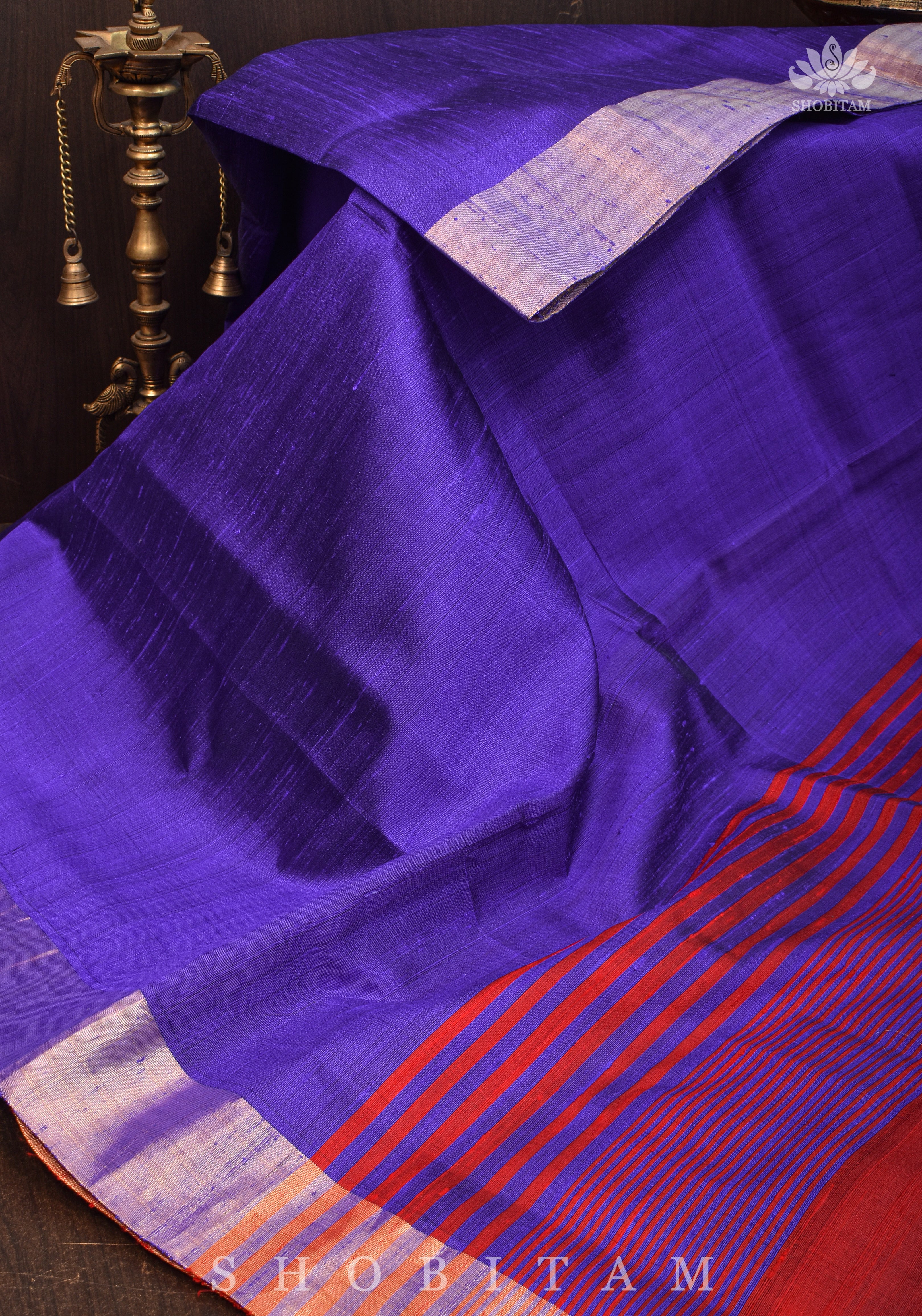Pure Raw Silk Saree in Purple Red Dual tone and Tissue Zari Border | SILK MARK CERTIFIED