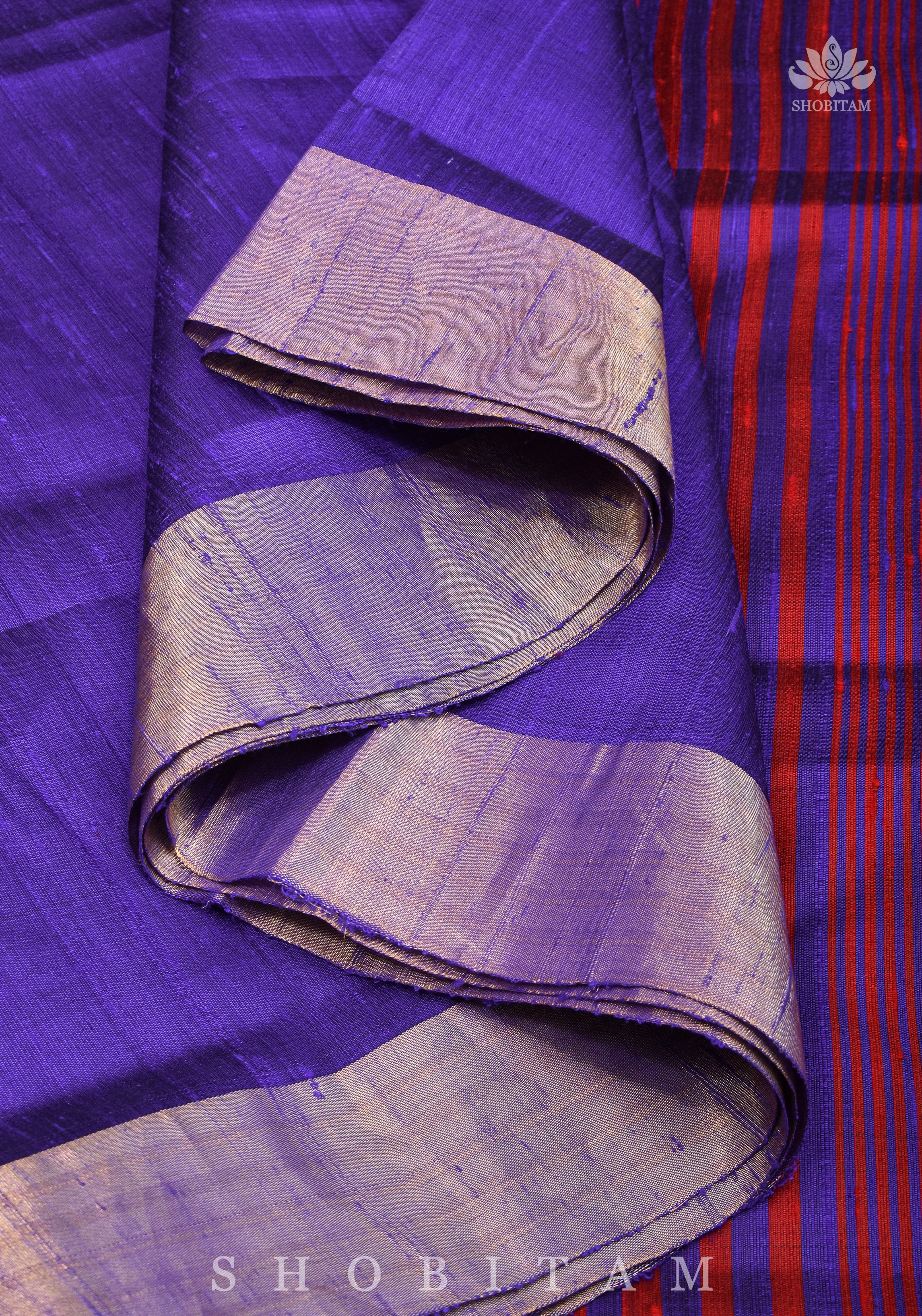 Pure Raw Silk Saree in Purple Red Dual tone and Tissue Zari Border | SILK MARK CERTIFIED