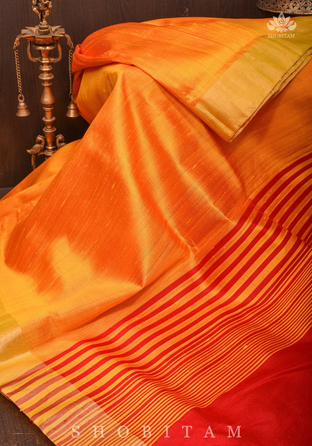 Pure Raw Silk Saree in Orange & Red Dual Tone and Zari Border | SILK MARK CERTIFIED