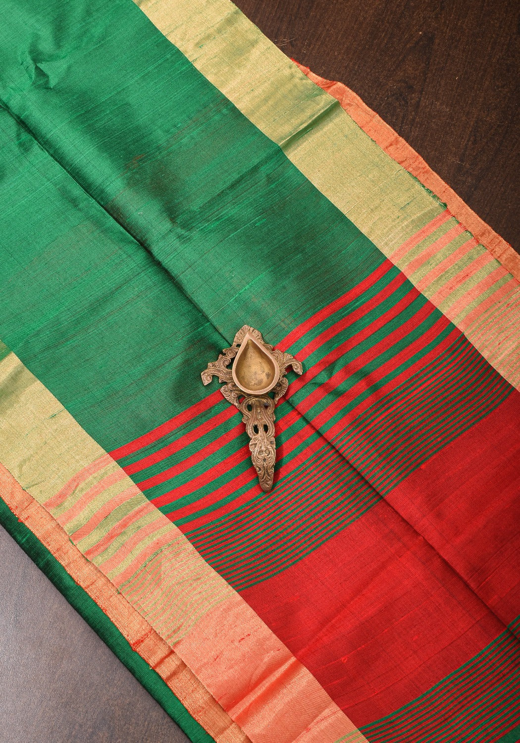 Pure Raw Silk Saree in Green and Tissue Zari Border | SILK MARK CERTIFIED