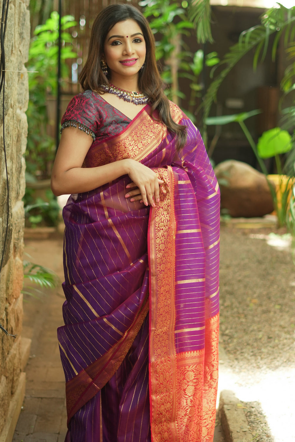 Purple and maroon dual tone striped chanderi silk saree
