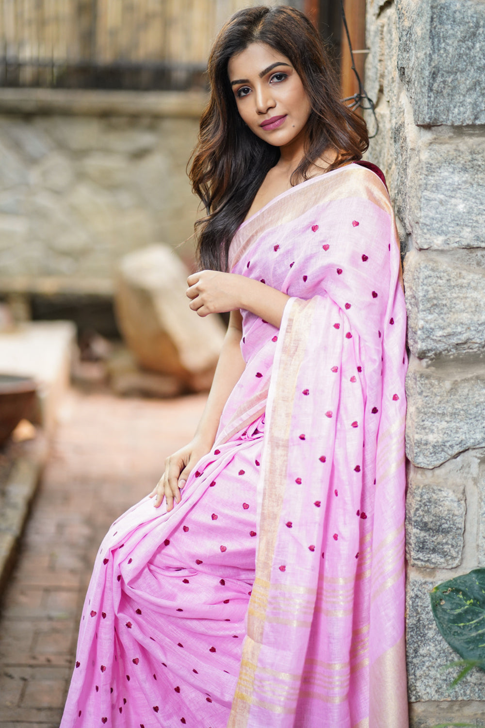 Loving Hearts Embroidered Pink Linen Saree