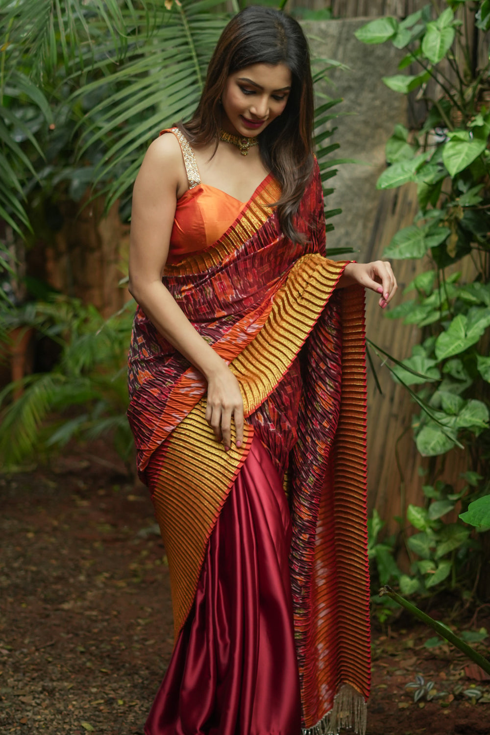 Maroon Patola & satin half and half Saree with Mustard border