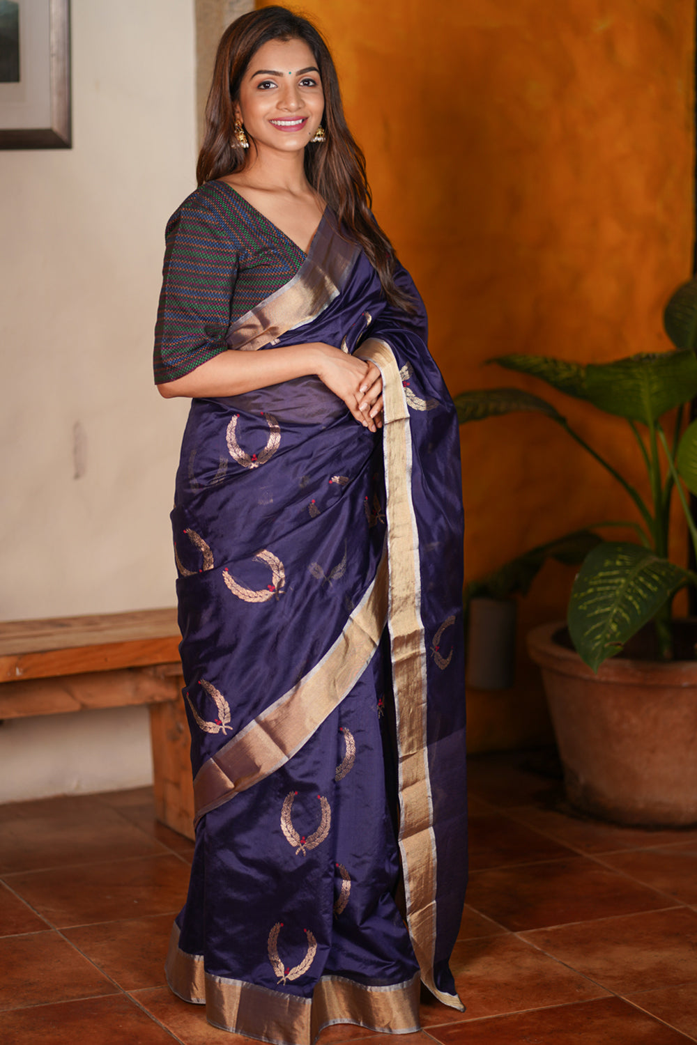 Unique Chanderi Silk Saree in Navy Blue with Unique Motifs