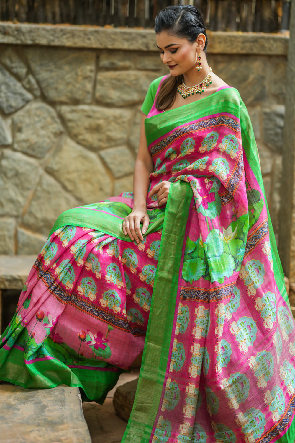 Pink and Green Linen Saree with Pichwai Digital print