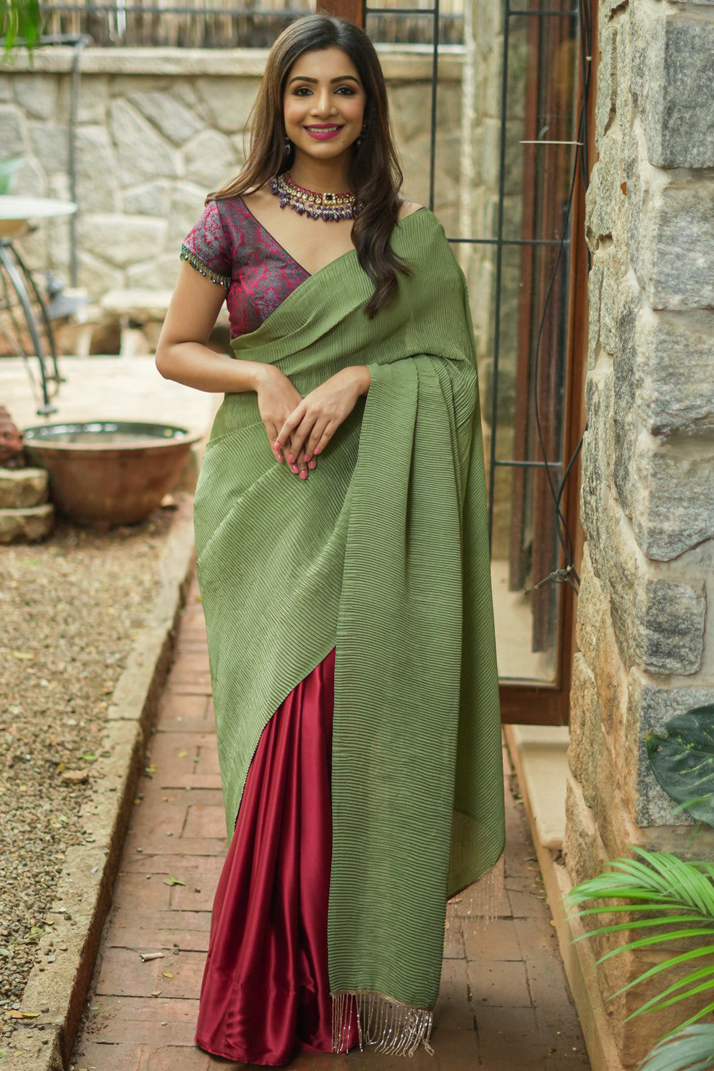 Sage green and maroon pleated satin saree