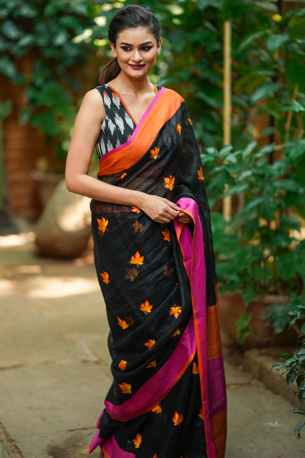 Black Linen Saree with Fall Leaves Embroidery and Ganga Jamuna Borders