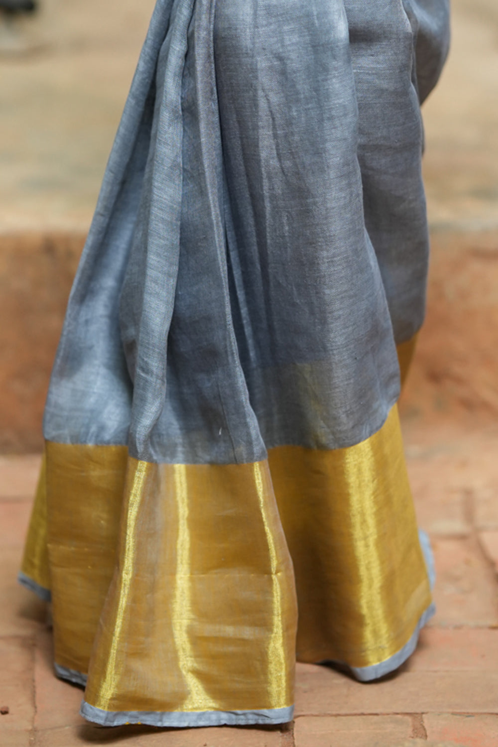 Grey Linen Saree with Gold Border