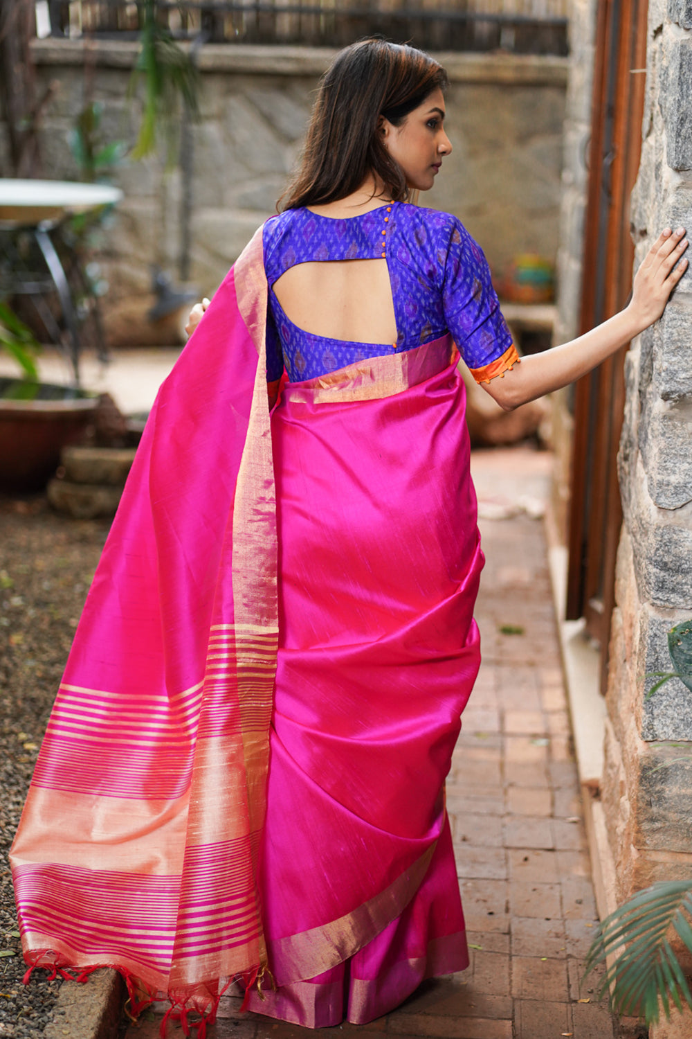 Pure Raw Silk Saree in Rani Pink and Tissue Zari Border | SILK MARK CERTIFIED