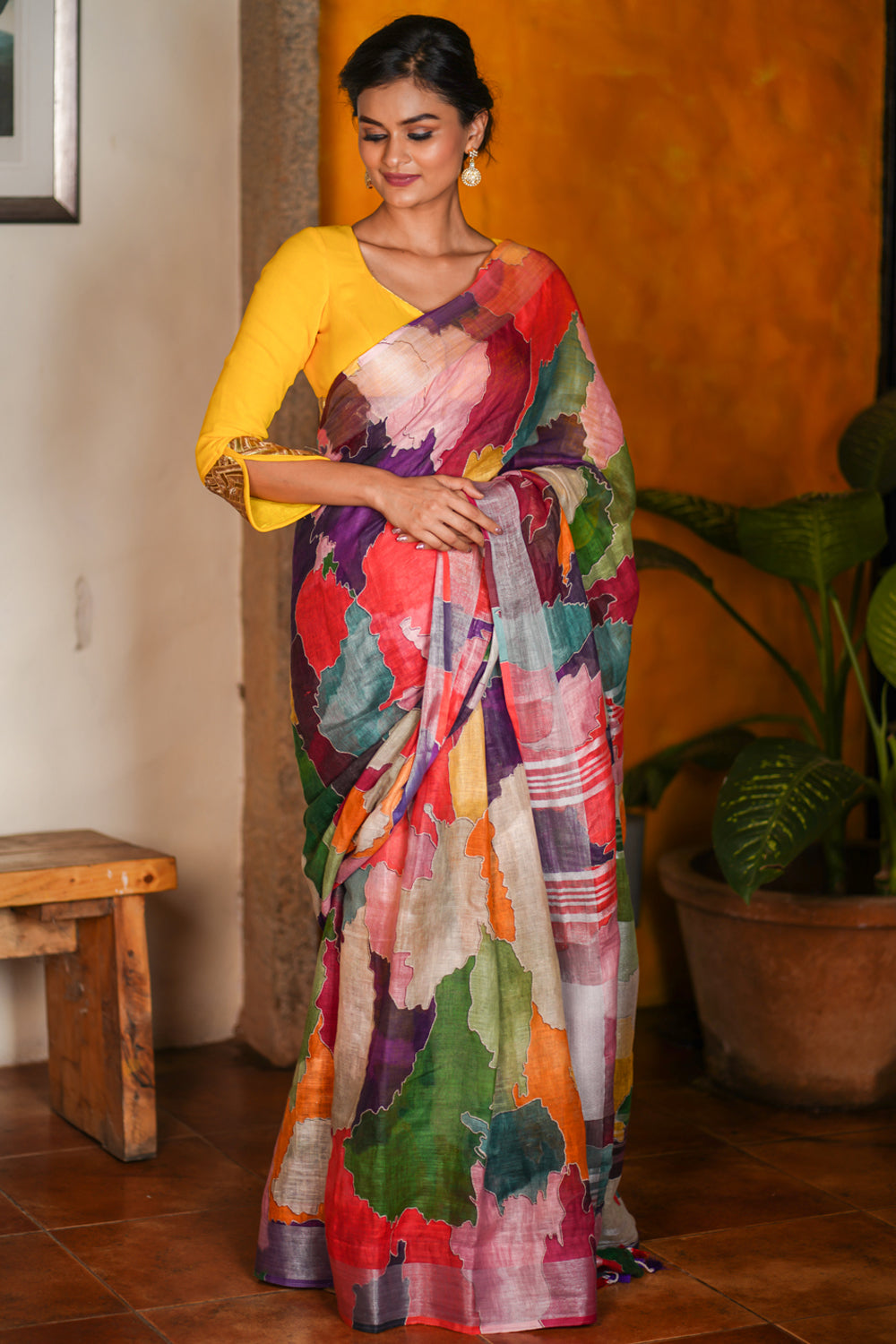 Abstract Print Multicolor Linen by Linen Saree with Zari Border