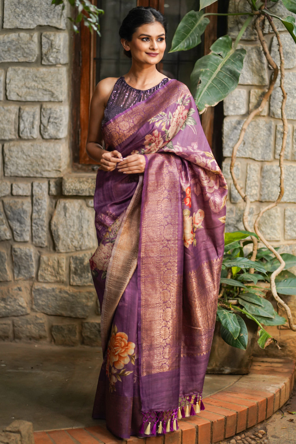 Authentic Banarasi Floral Print on Pure Tussar Silk Saree in Amethyst with antique tone zari border | SILK MARK CERTIFIED