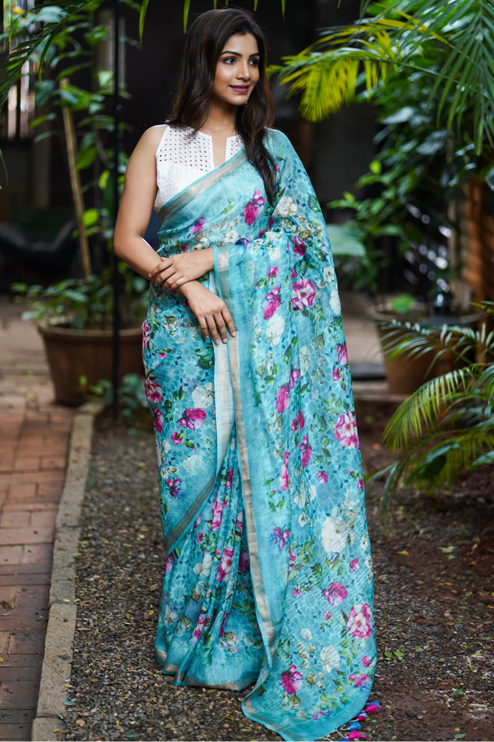 Blue Silk Linen Saree with Floral Digital Print