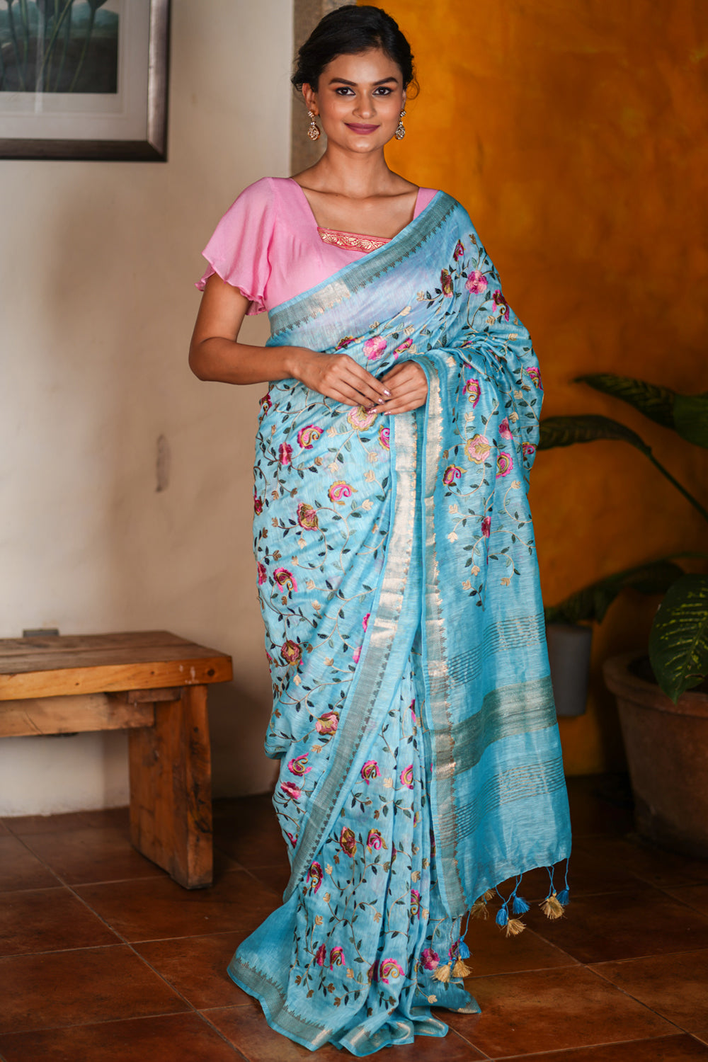 Sky blue floral Jaal Embroidery on Silk Linen Saree