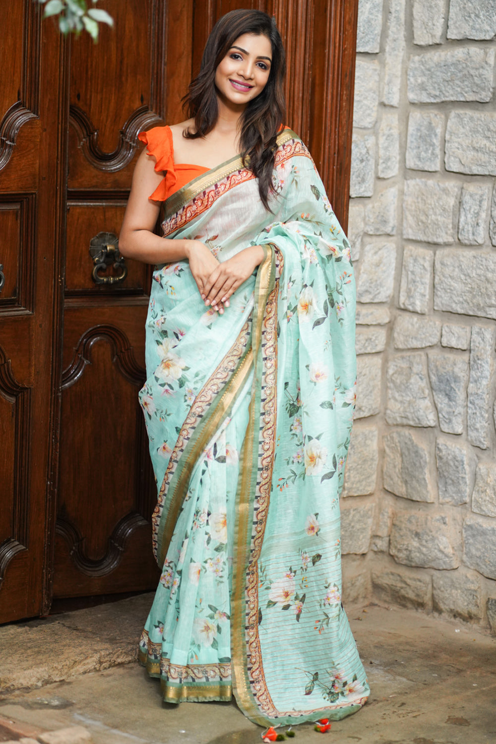 Aqua Silk Linen Saree with Floral Digital Print