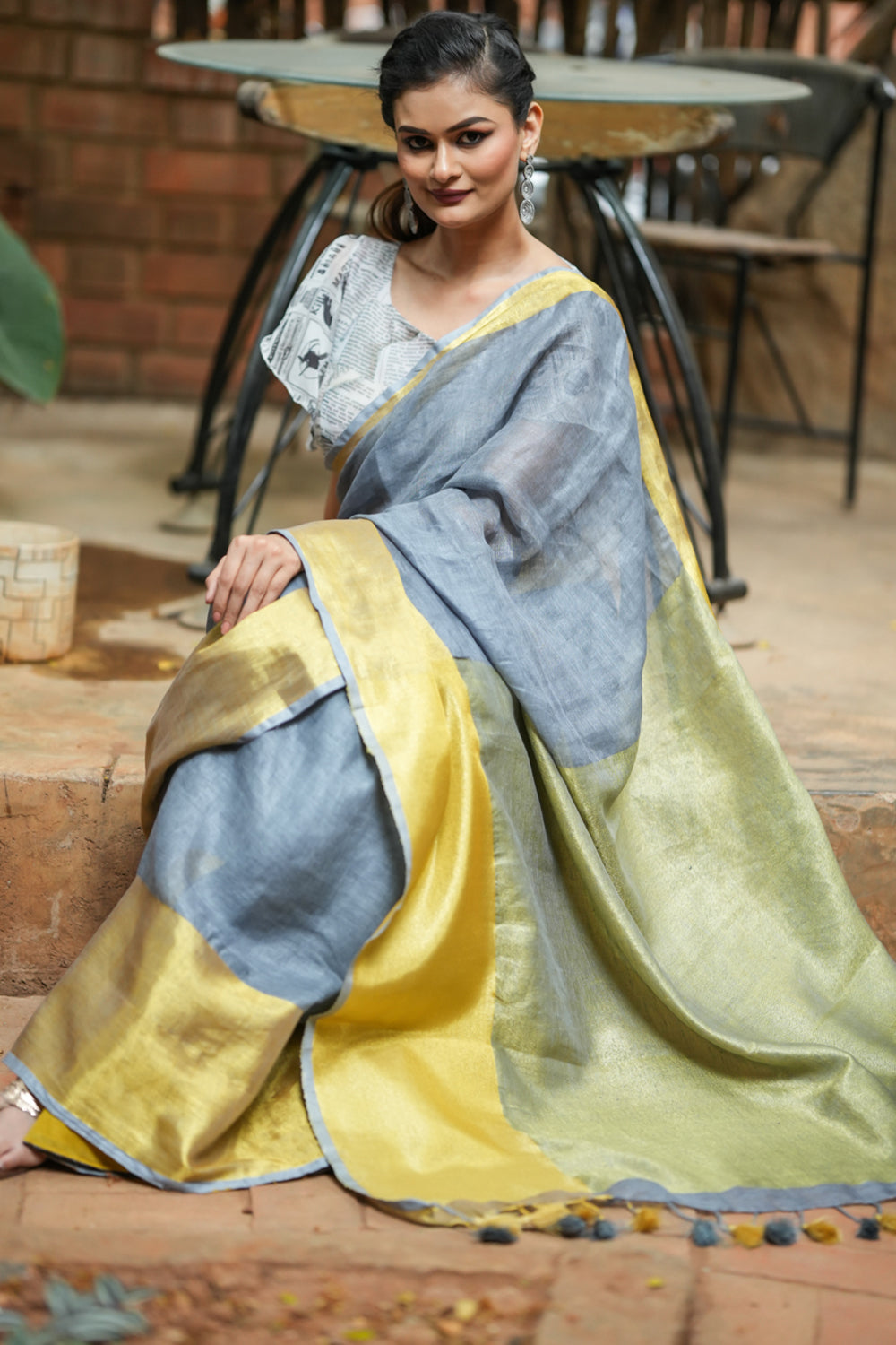 Grey Linen Saree with Gold Border