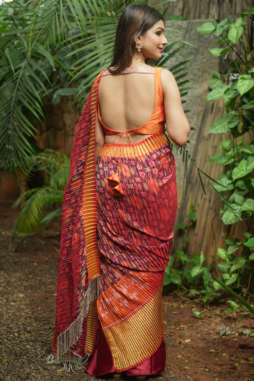 Maroon Patola & satin half and half Saree with Mustard border