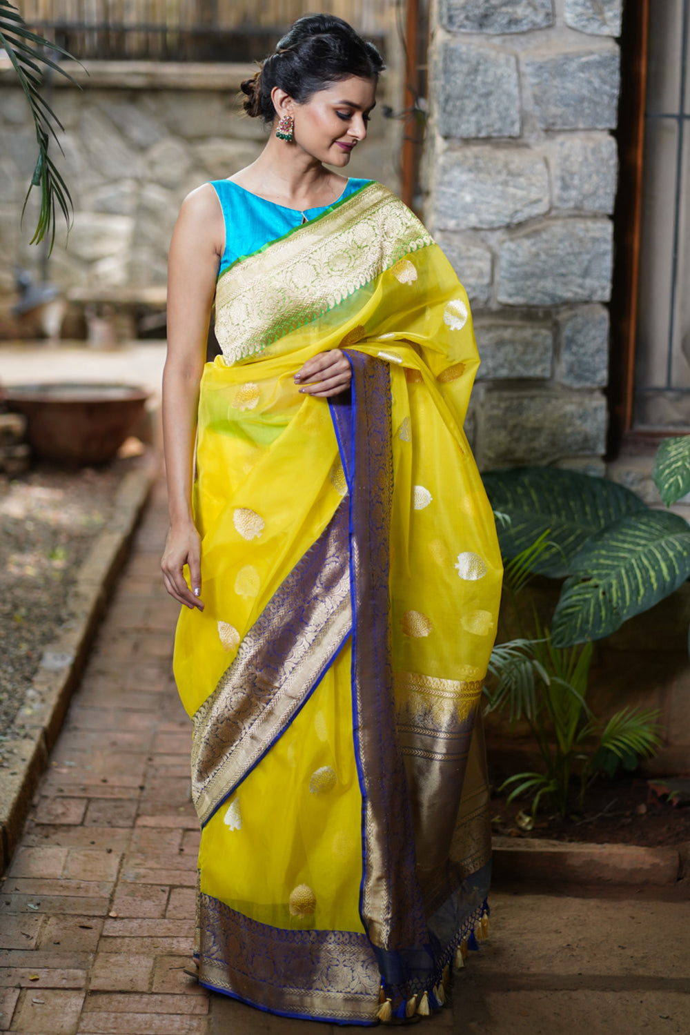 Banarasi Silk Organza Saree in Yellow with Ganga Jamuna Borders